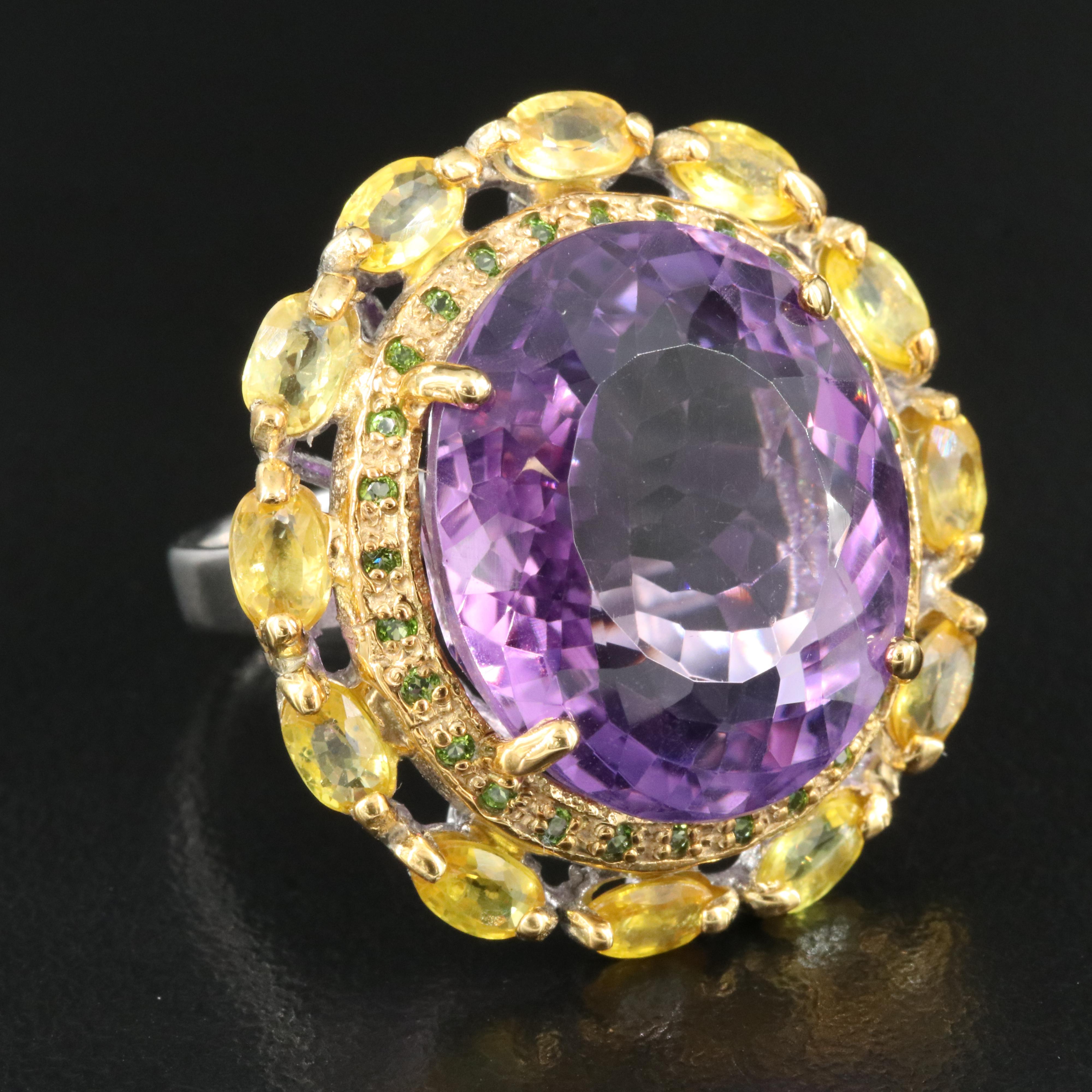 Sterling Amethyst, Diopside and Sapphire Ring