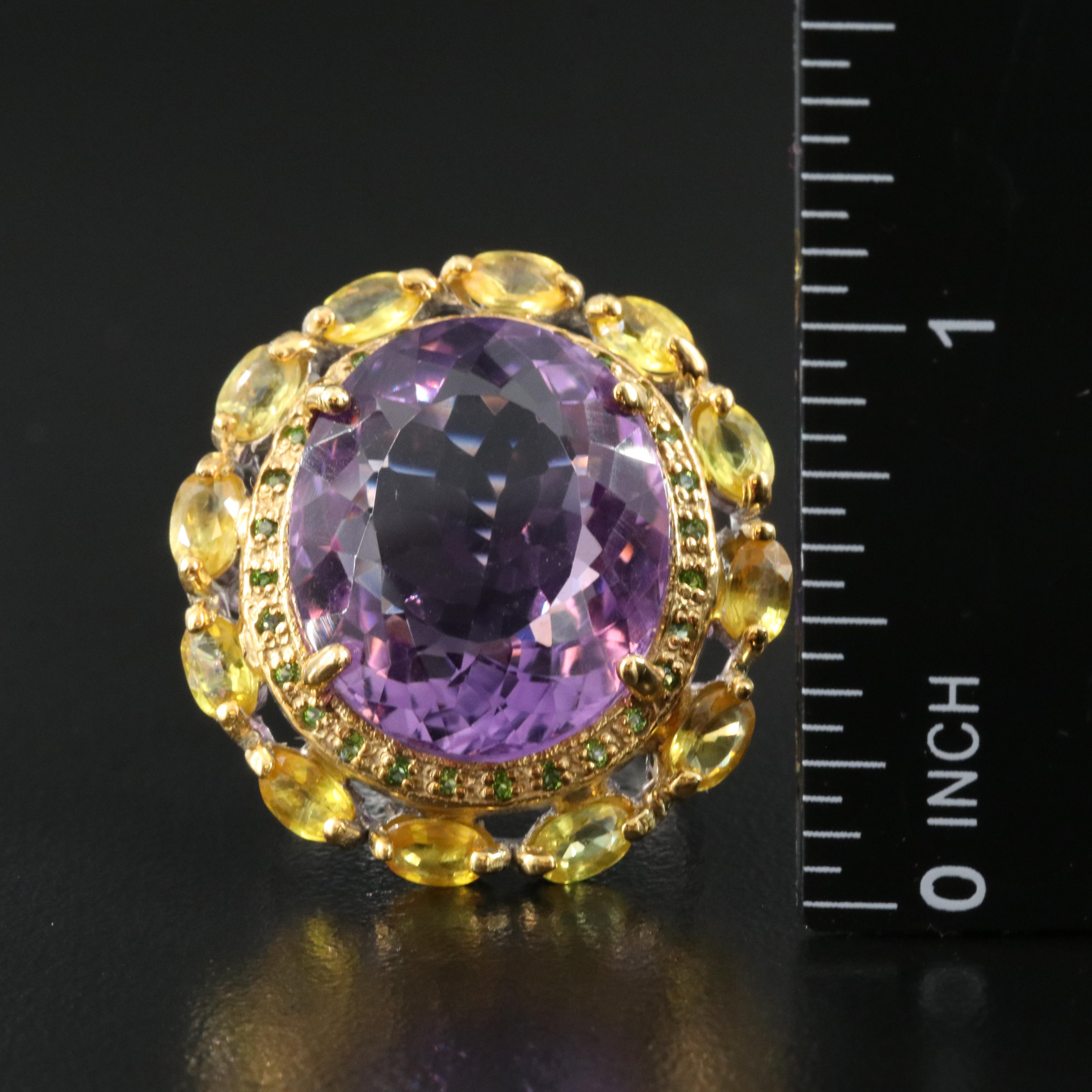 Sterling Amethyst, Diopside and Sapphire Ring