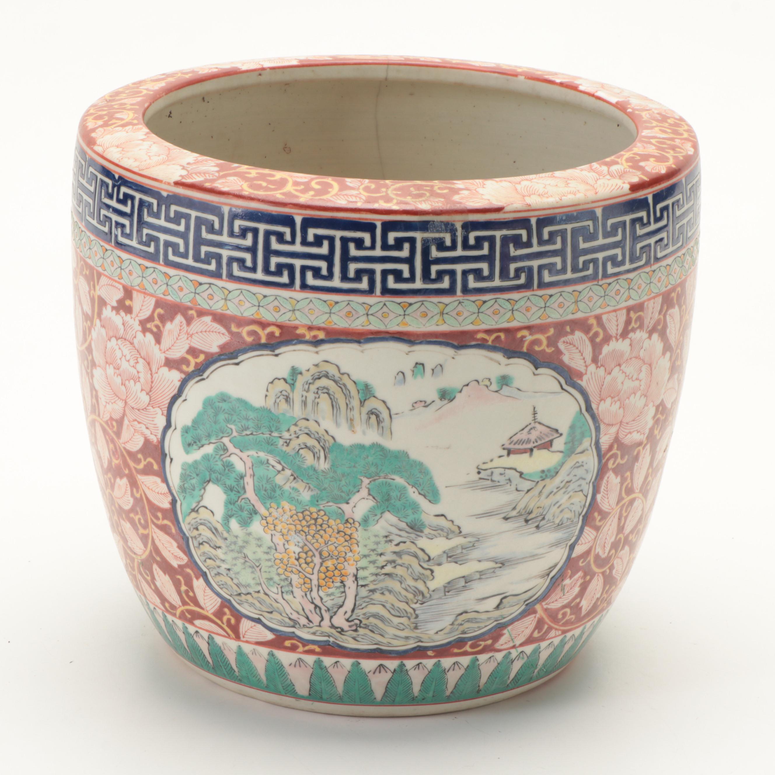 Pair of Chinese Enameled Porcelain Landscape Motif Planters