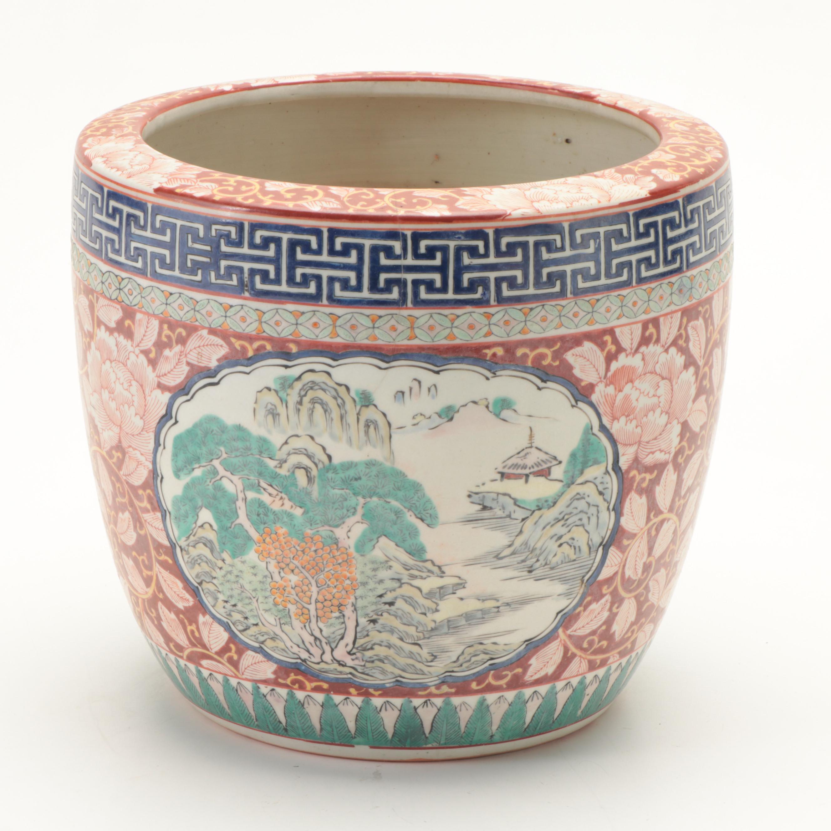 Pair of Chinese Enameled Porcelain Landscape Motif Planters