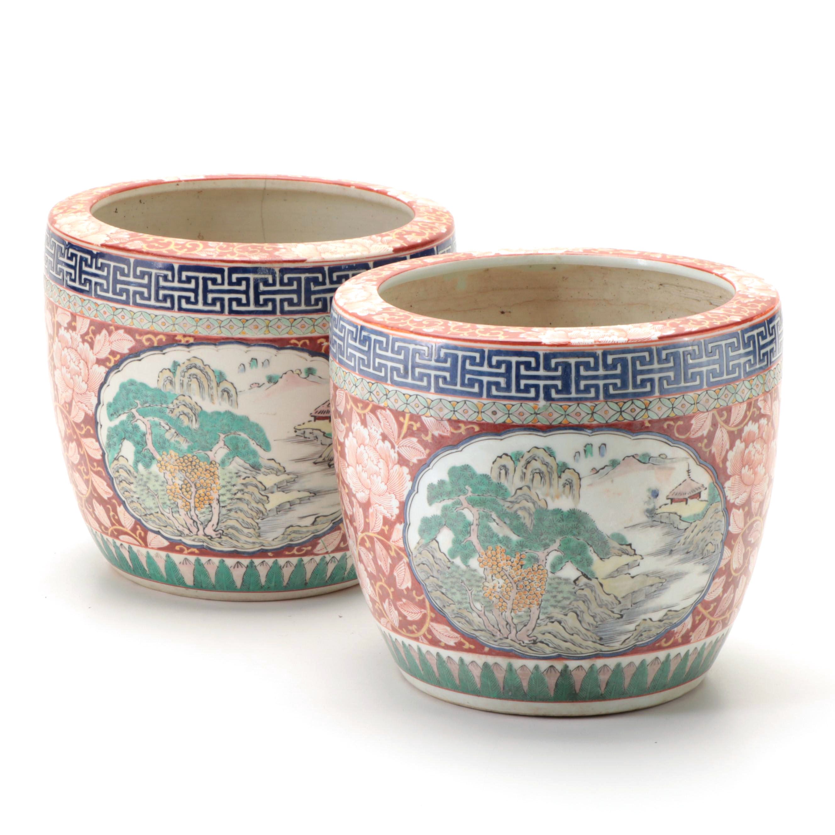 Pair of Chinese Enameled Porcelain Landscape Motif Planters