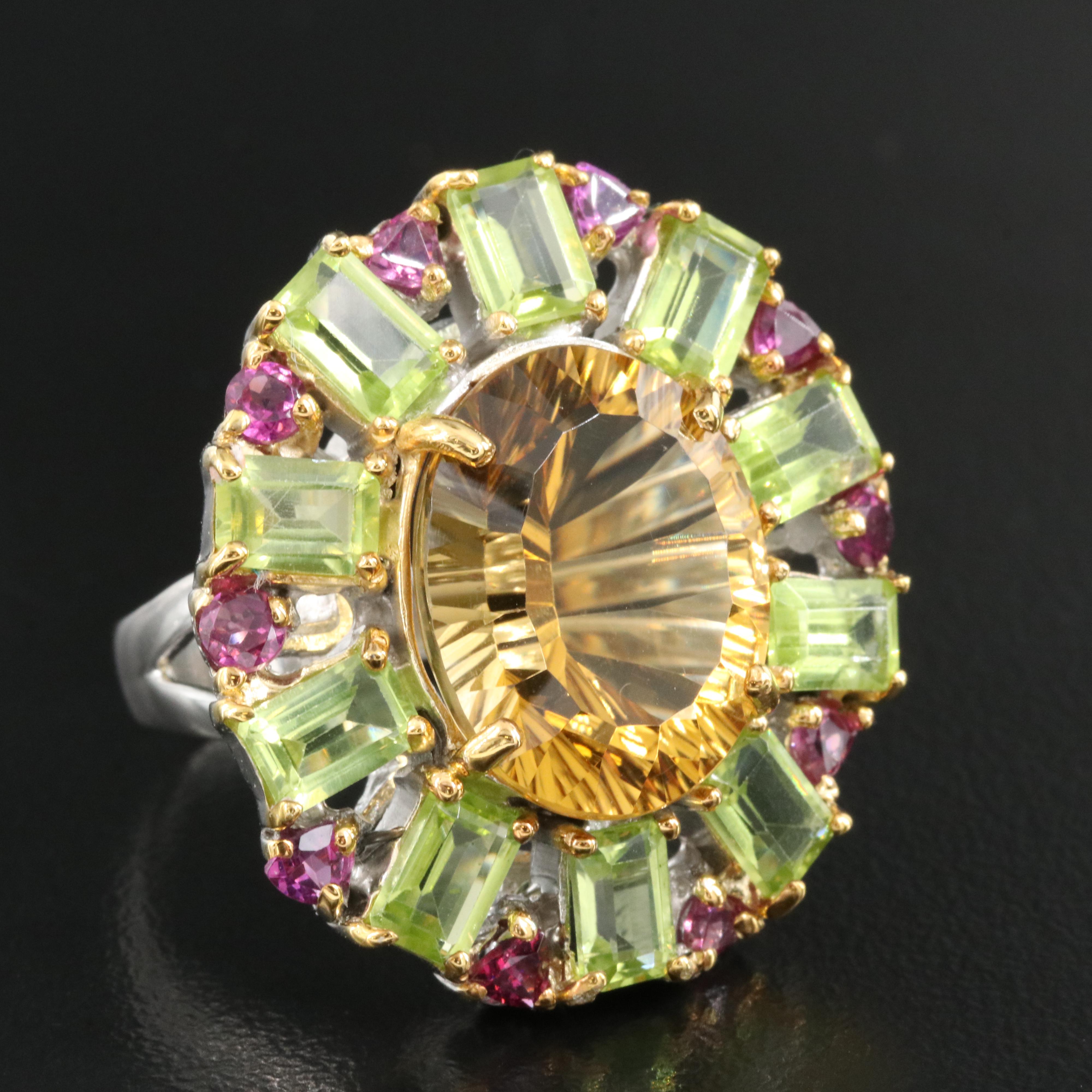 Sterling Citrine, Peridot and Rhodolite Garnet Ring