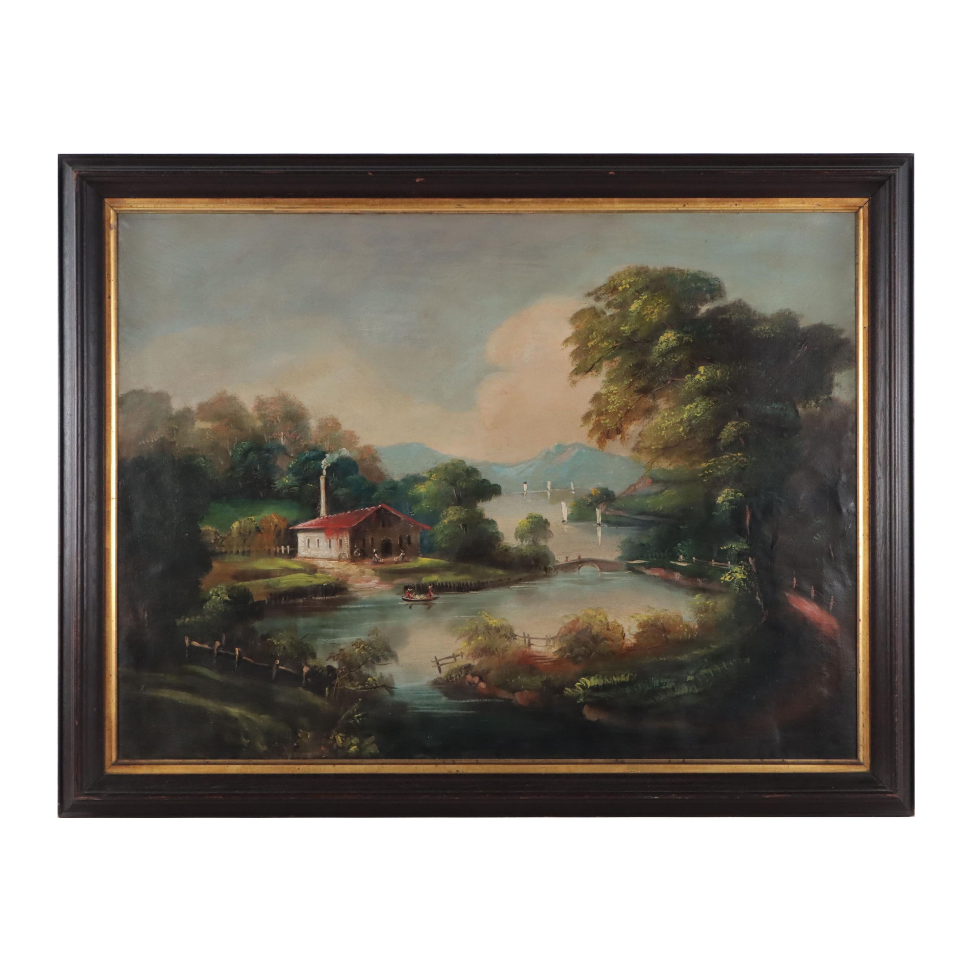 Joseph H. Hidley Oil Painting of Boats In European River Landscape