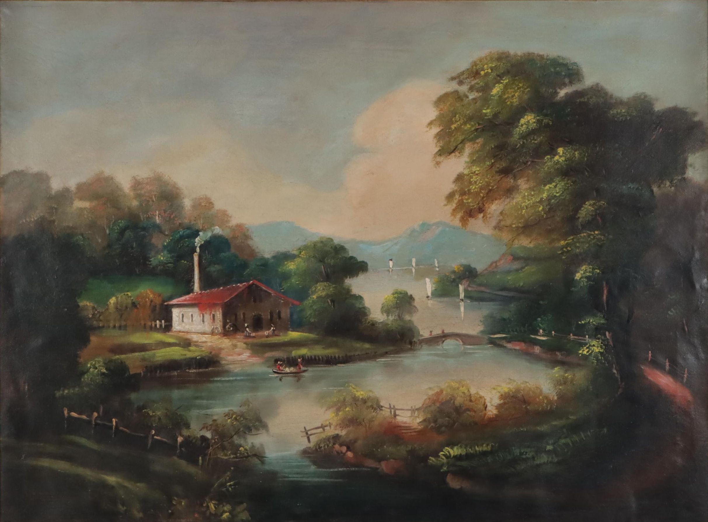 Joseph H. Hidley Oil Painting of Boats In European River Landscape