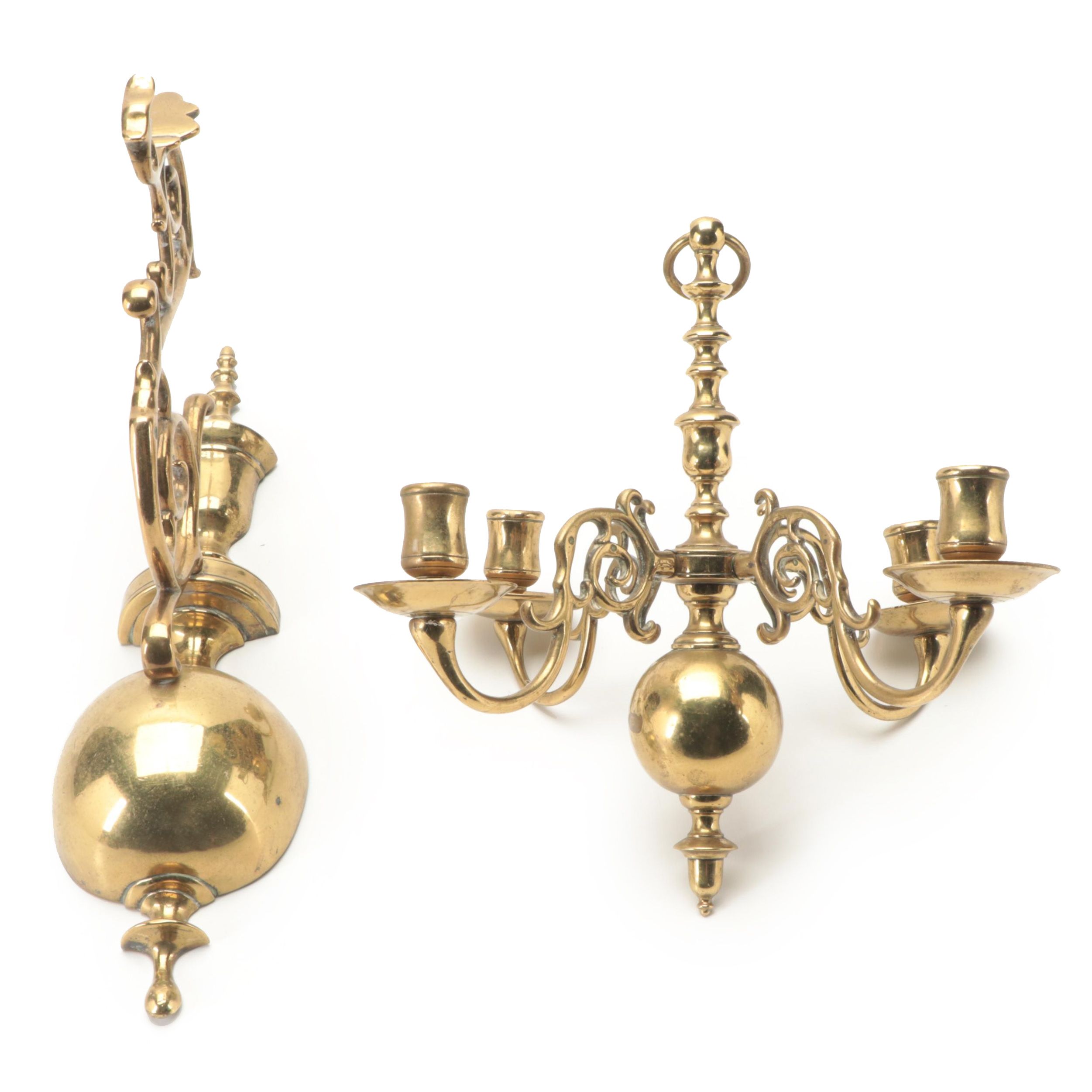 Small Dutch Brass Wall Mounted Four Branch Chandelier and Sconce, 18th Century
