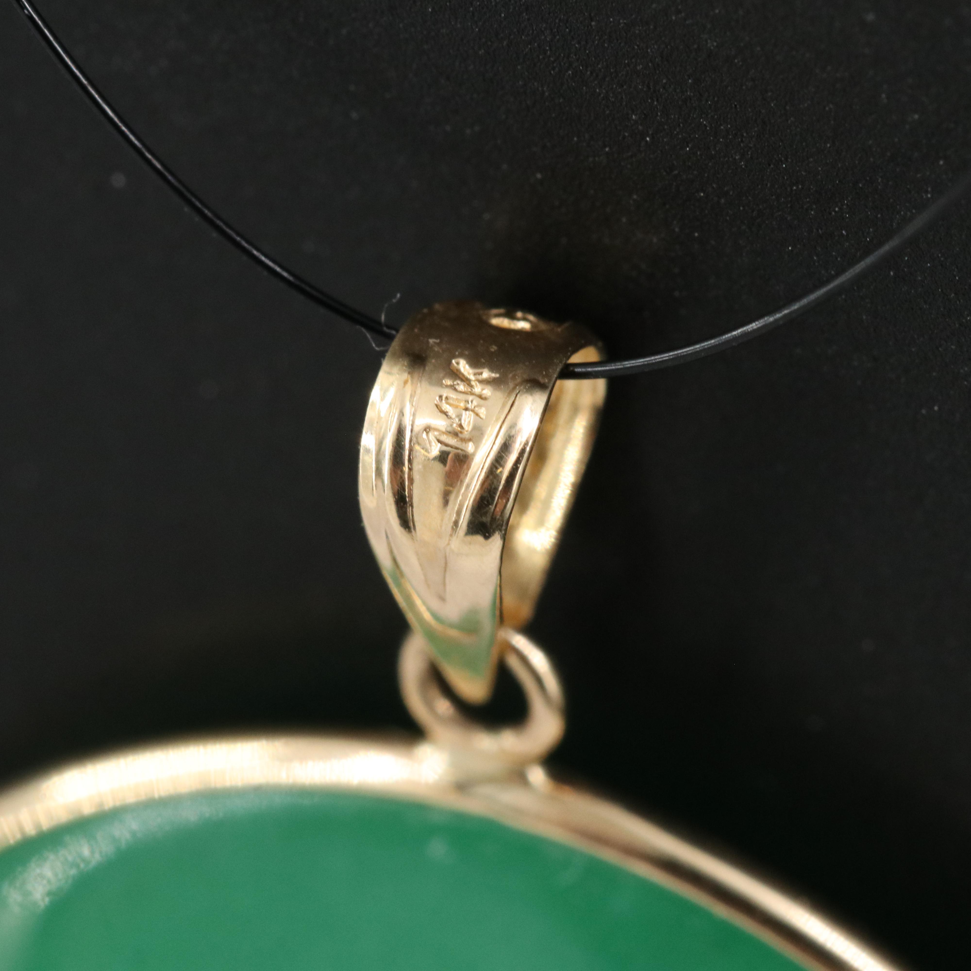 Chinese 14K Jadeite "Good Fortune" Bi Pendant