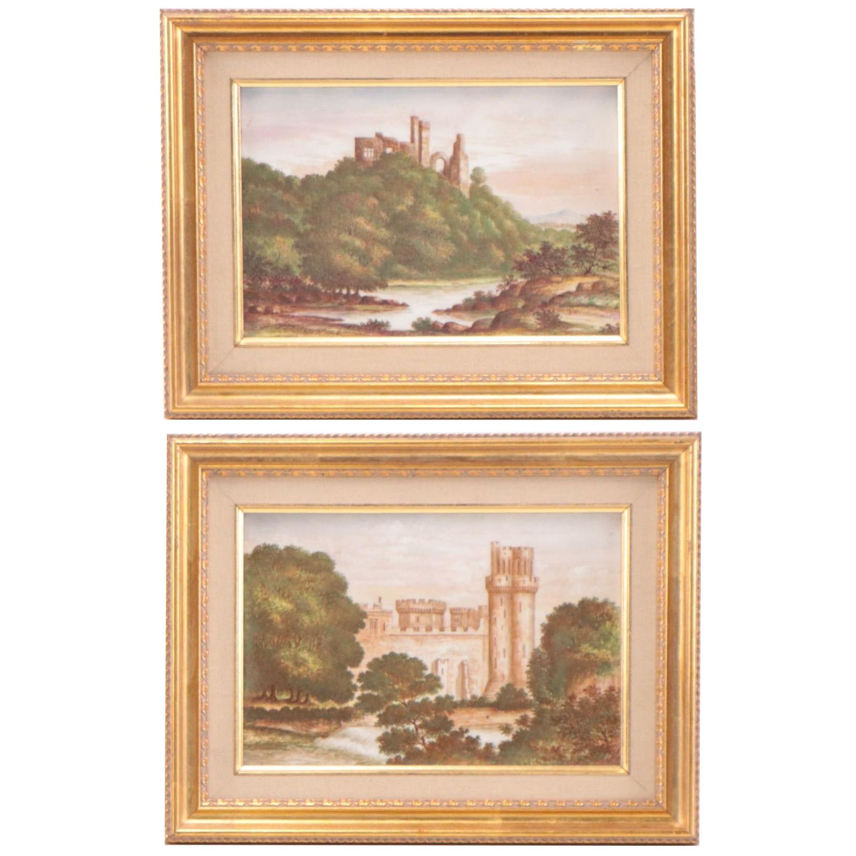 N.P. Nicholls Hand-Painted Porcelain Plaques "Pomeroy" and "Warwick" Castles