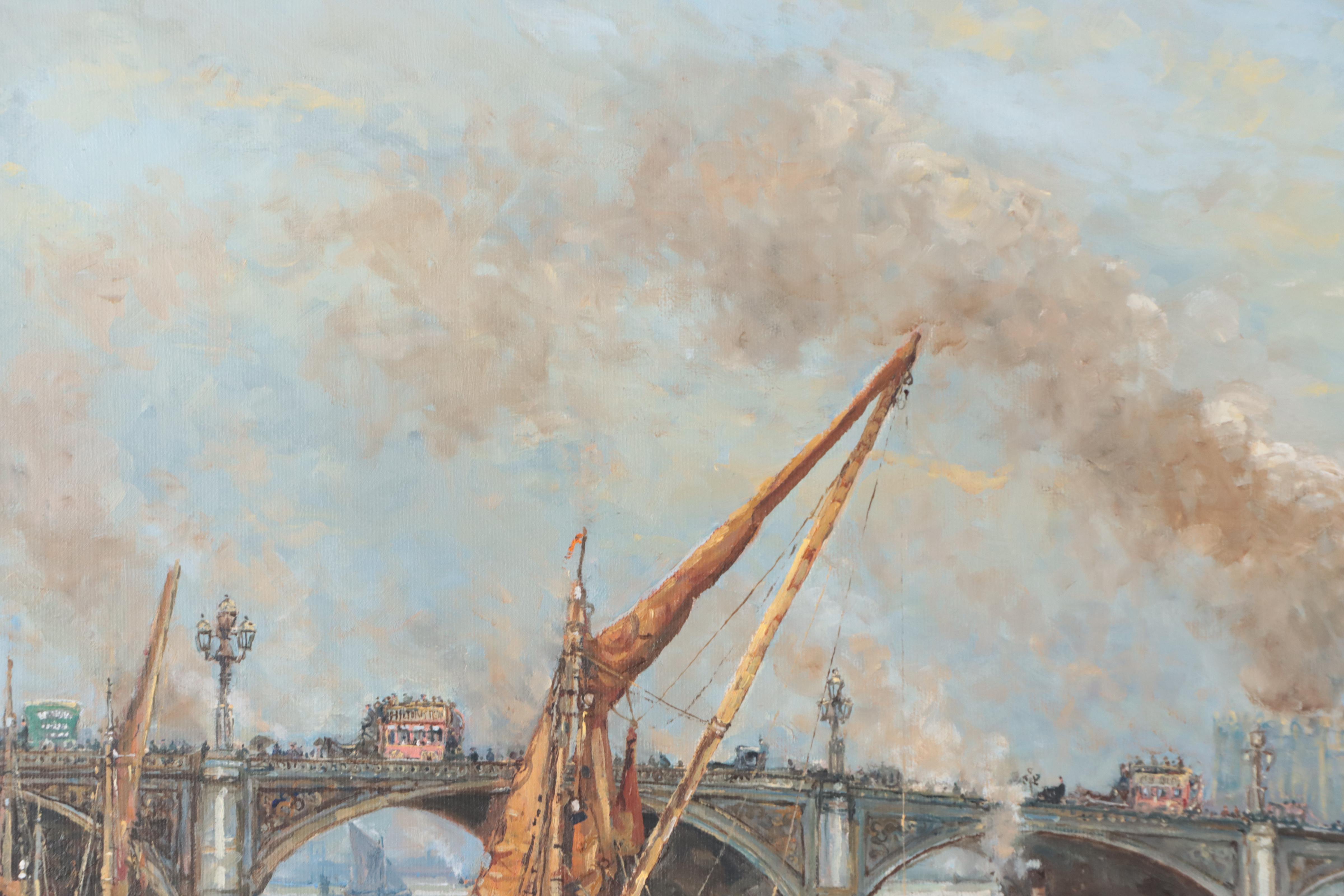 John Sutton Oil Painting "The Thames At Westminster," Circa 1890