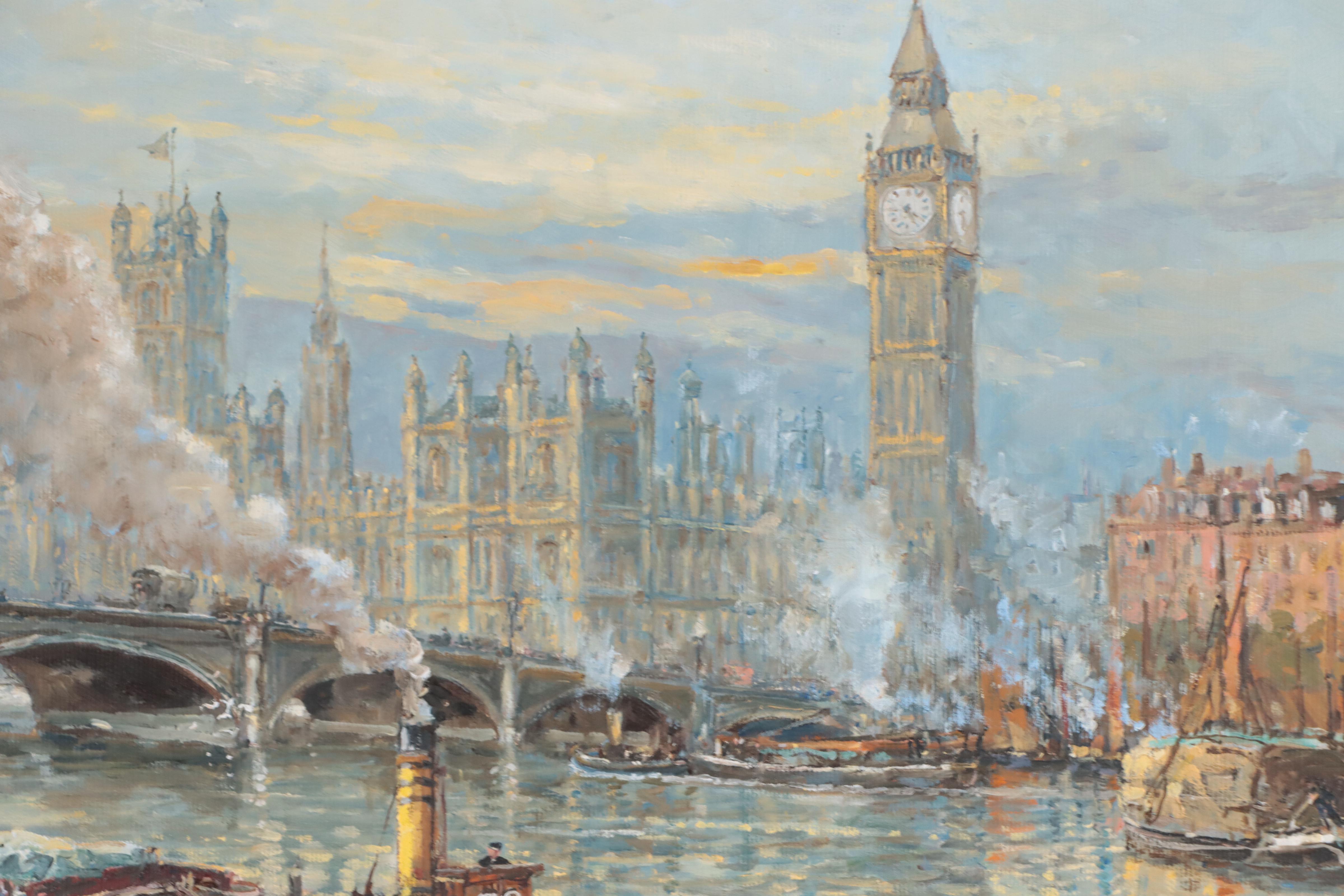 John Sutton Oil Painting "The Thames At Westminster," Circa 1890