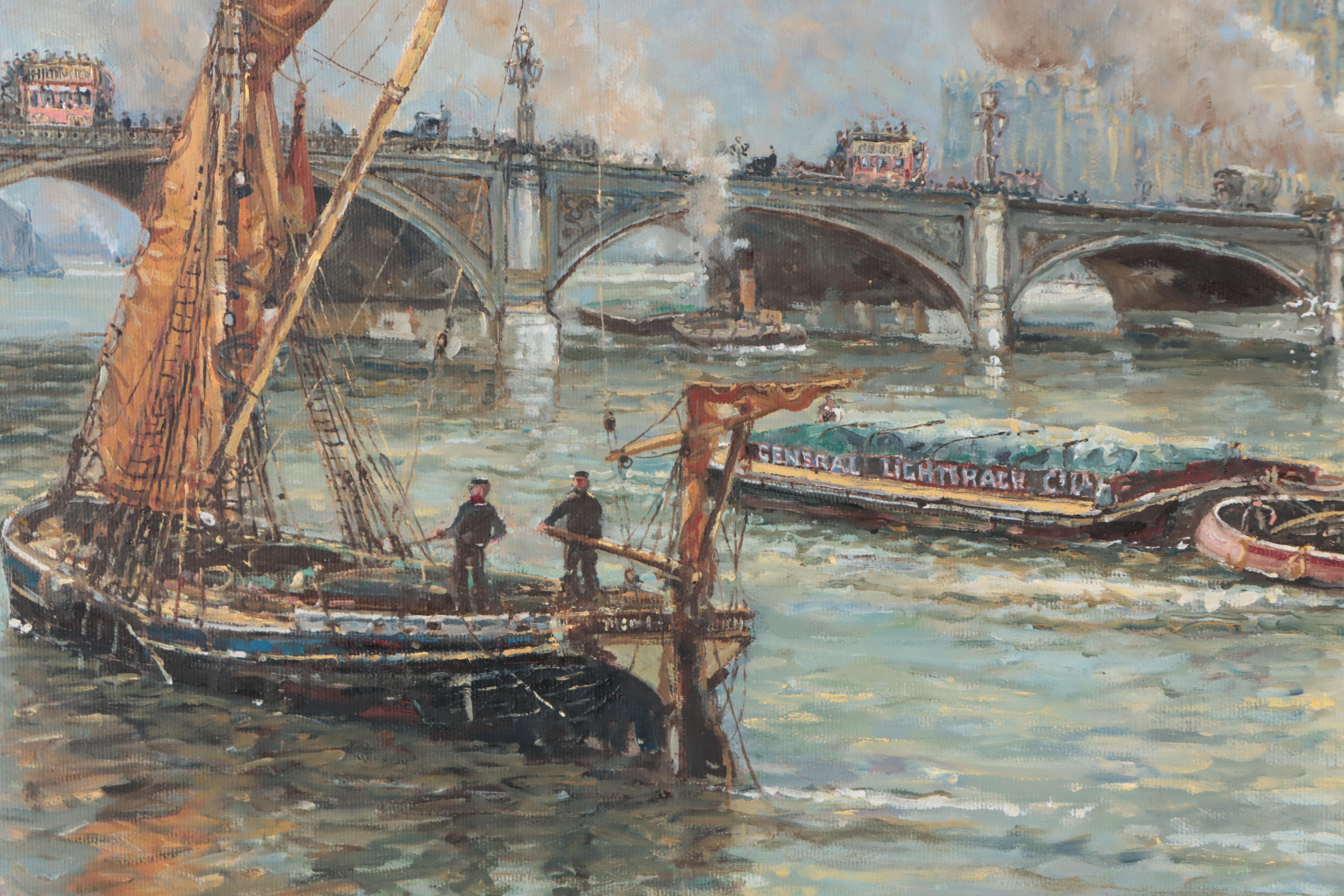 John Sutton Oil Painting "The Thames At Westminster," Circa 1890