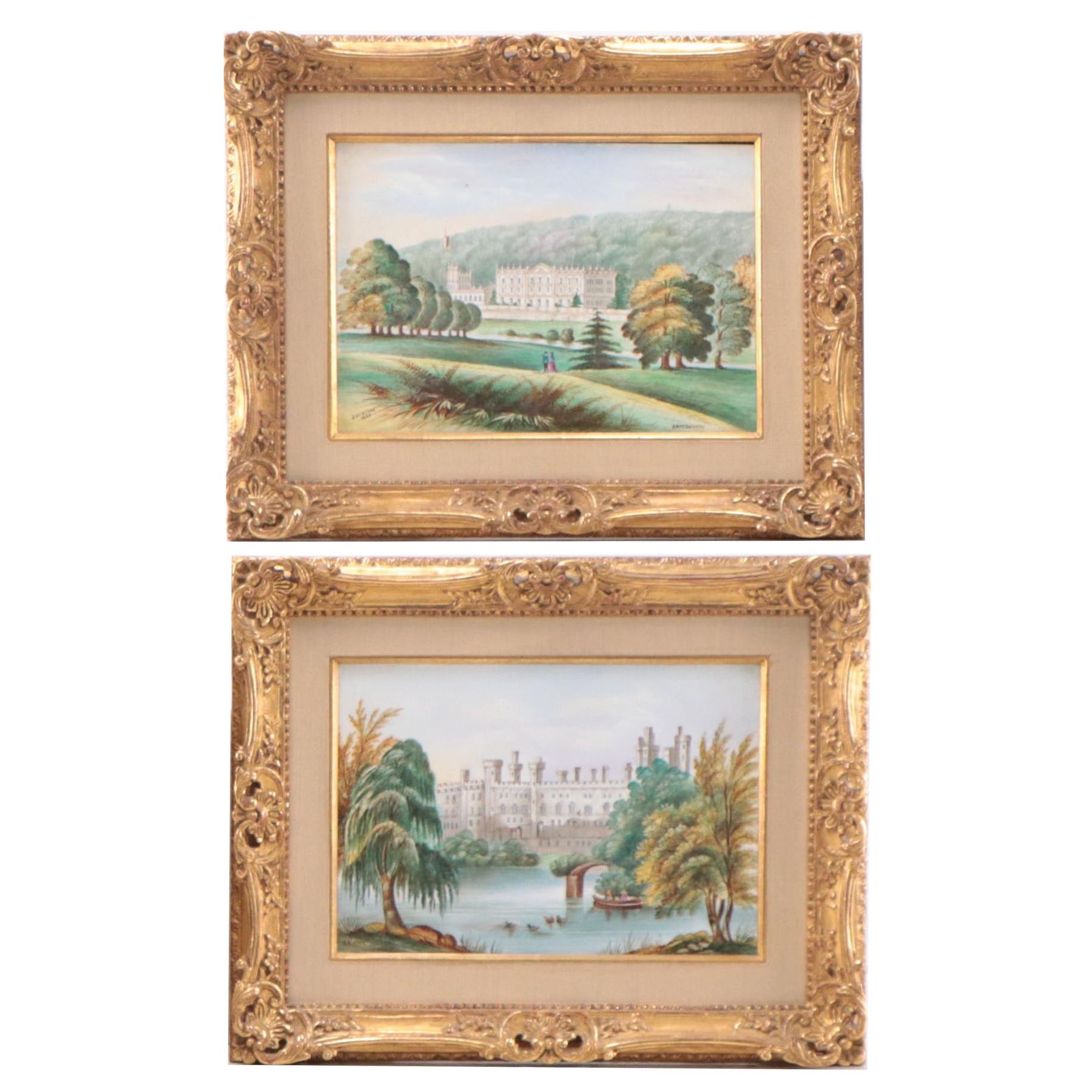J. Hancock Hand-Painted Porcelain Plaques "Chatsworth" and "Warwick Castle"