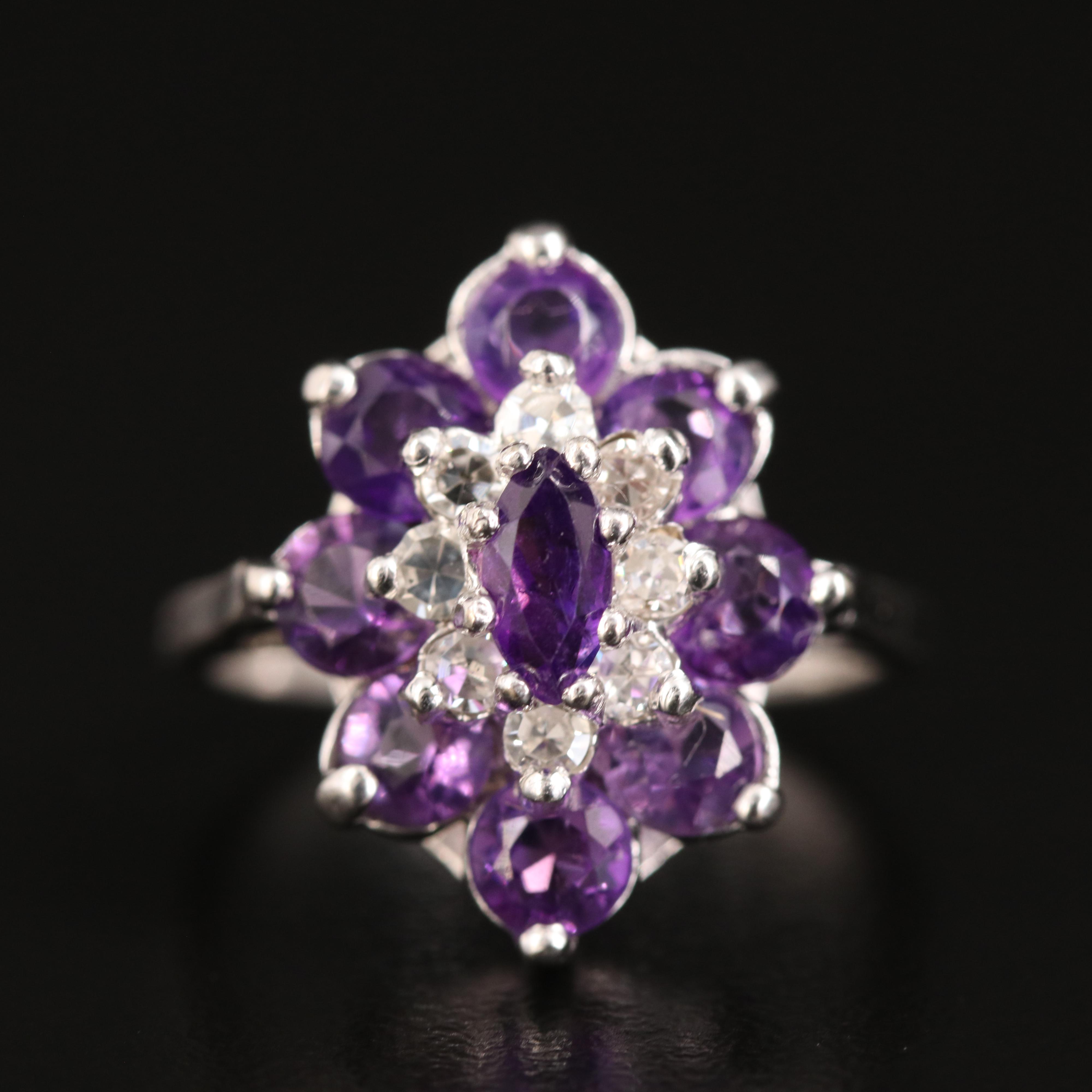 14K Amethyst and Diamond Floral Navette Ring