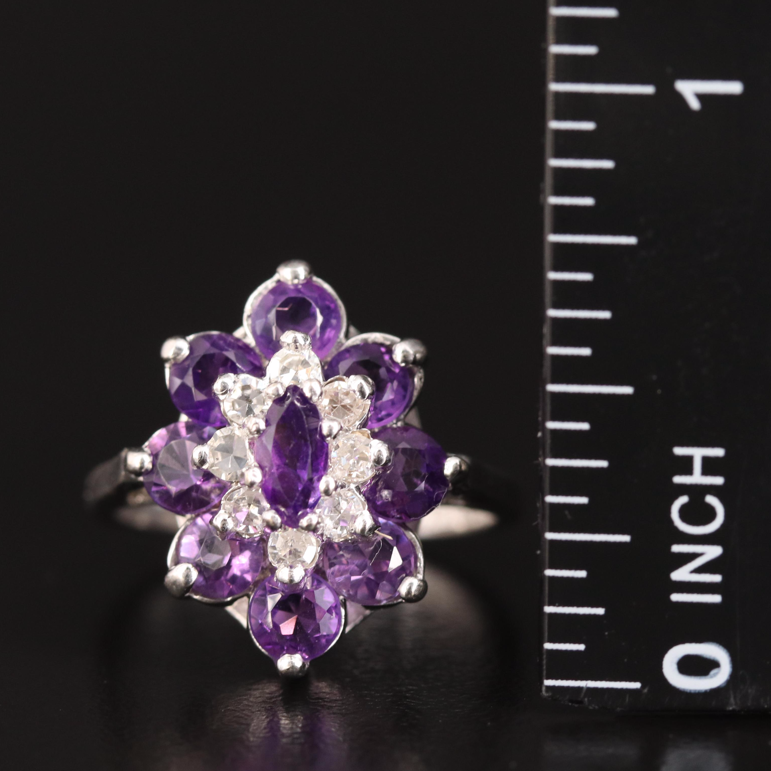 14K Amethyst and Diamond Floral Navette Ring