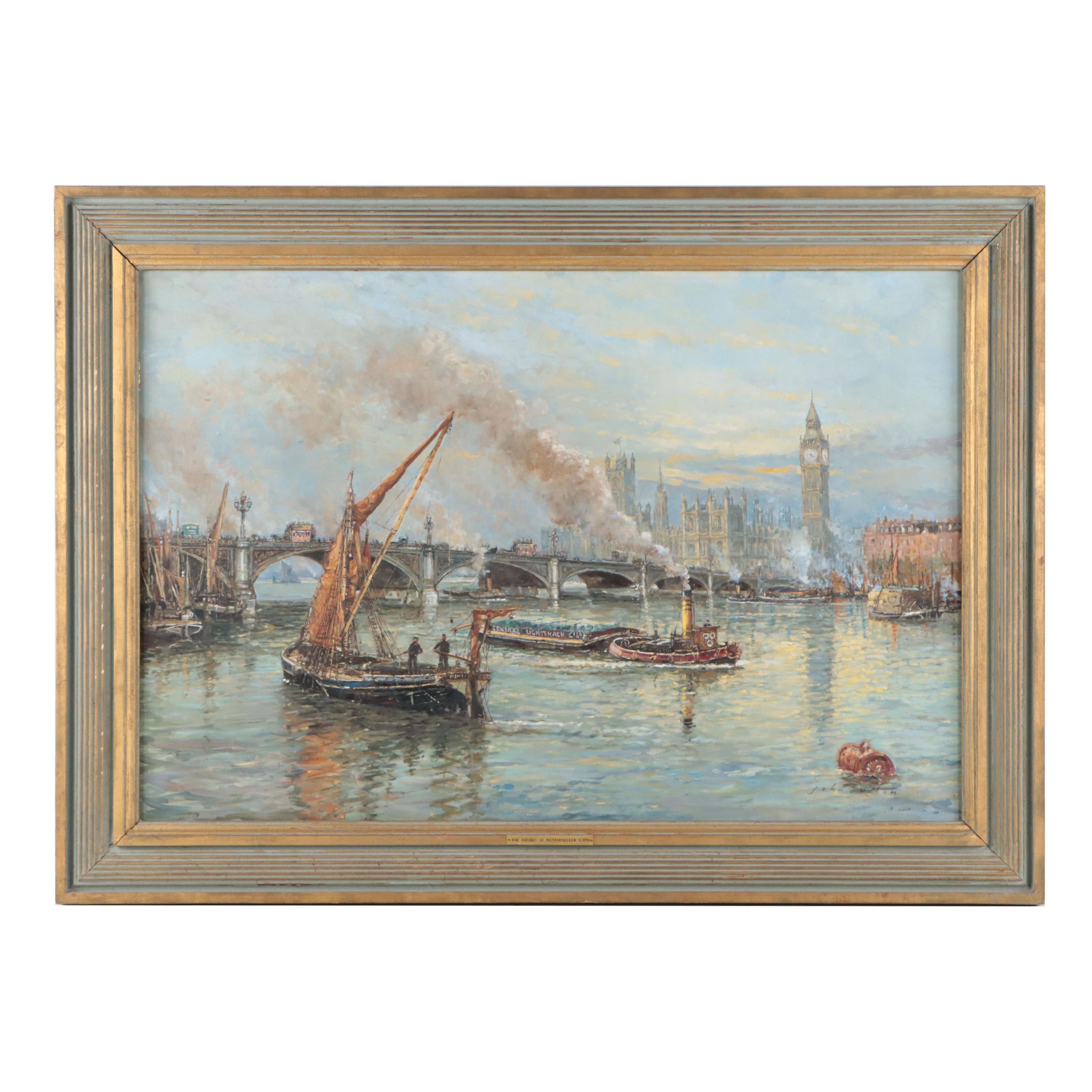 John Sutton Oil Painting "The Thames At Westminster," Circa 1890