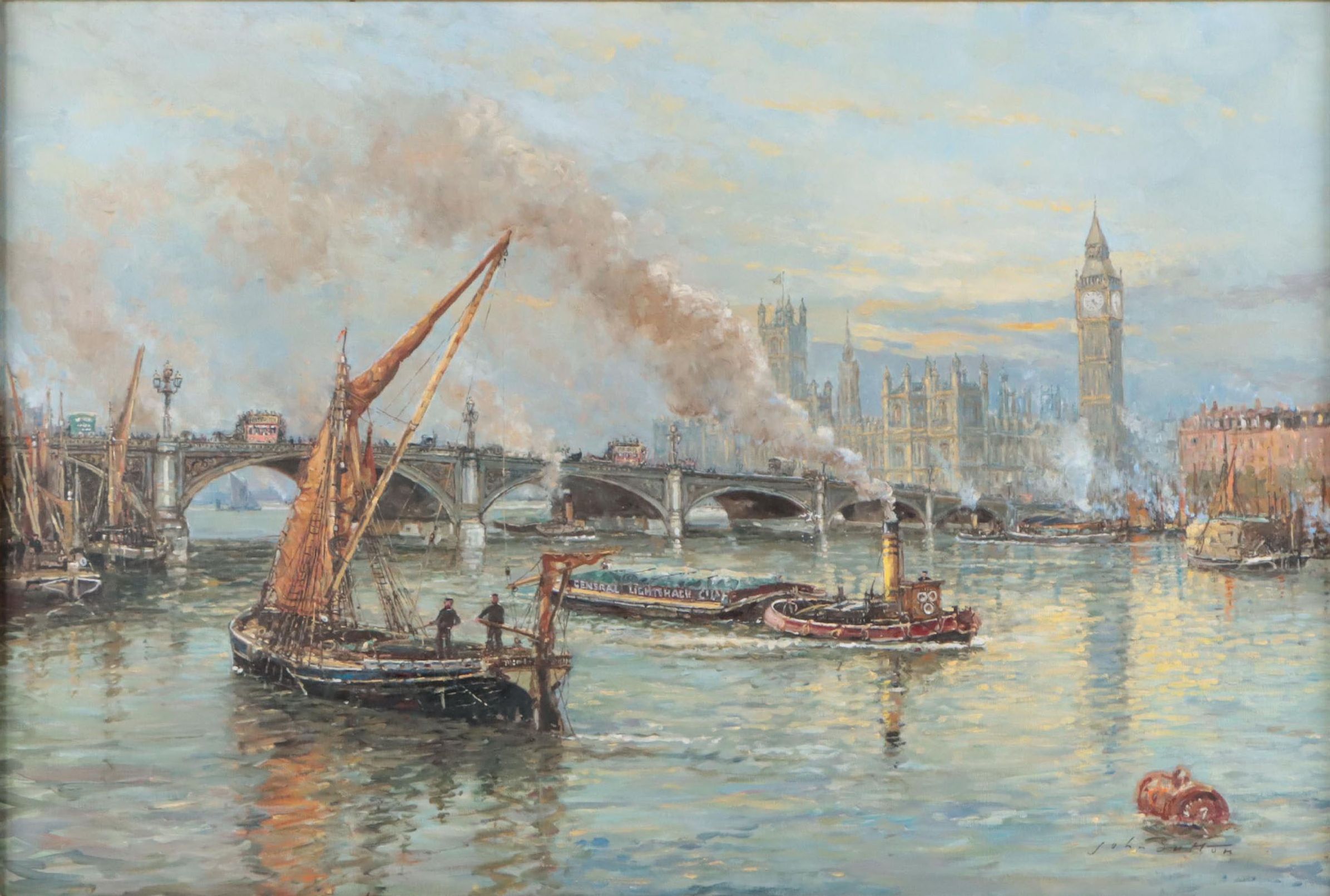 John Sutton Oil Painting "The Thames At Westminster," Circa 1890