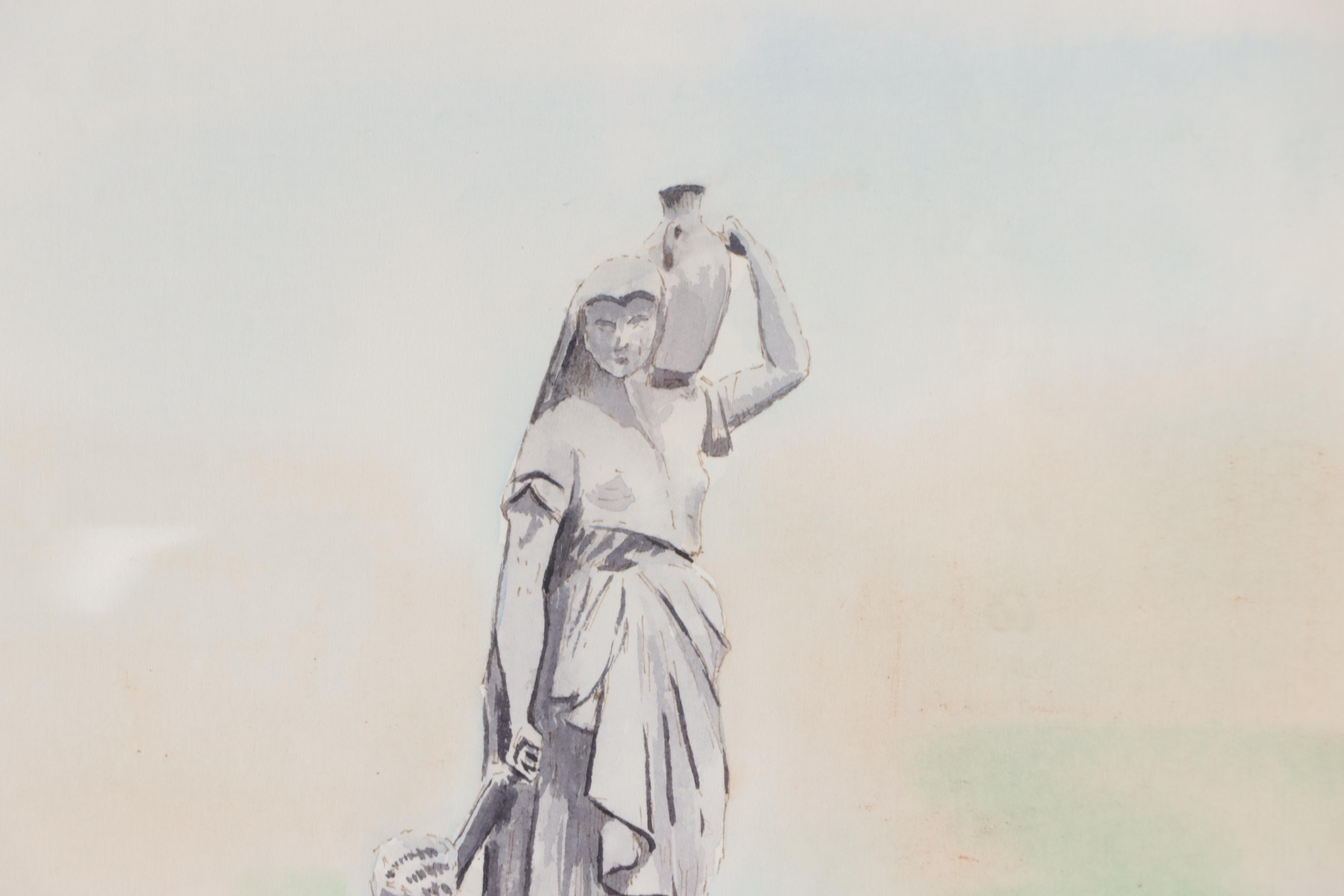 Desmond Wimsett Watercolor Painting of Statue, 1982