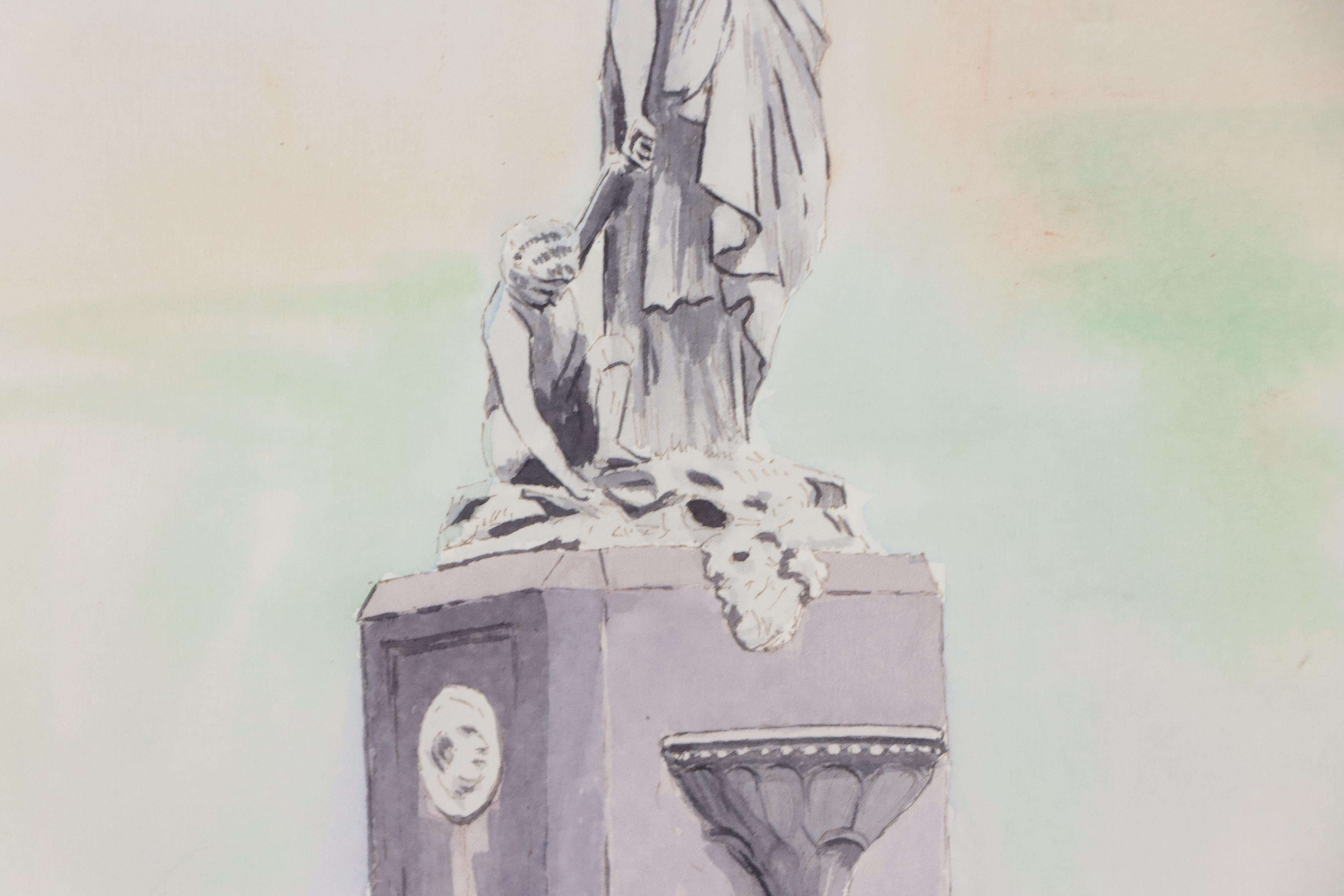 Desmond Wimsett Watercolor Painting of Statue, 1982