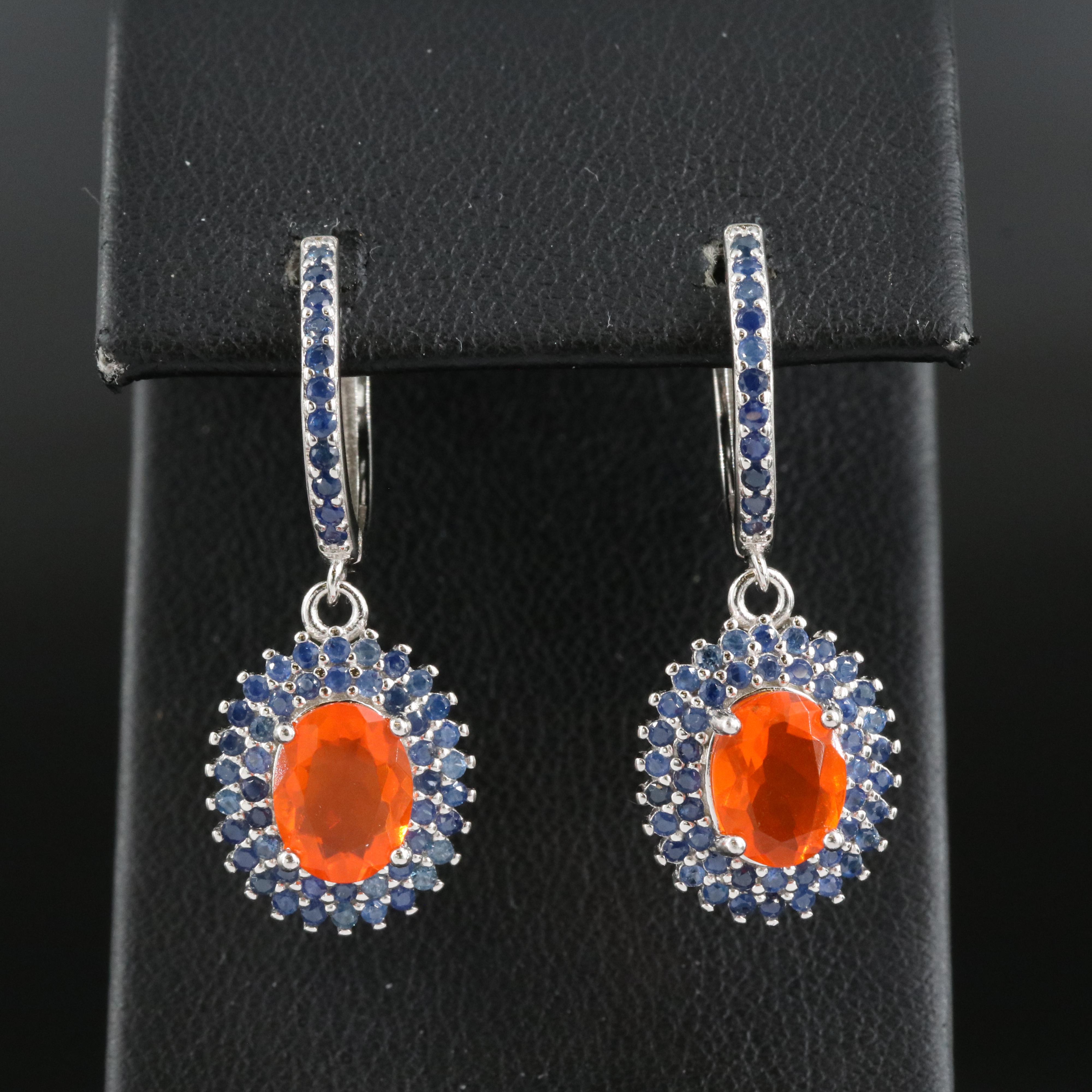 Sterling Fire Opal and Sapphire Earrings