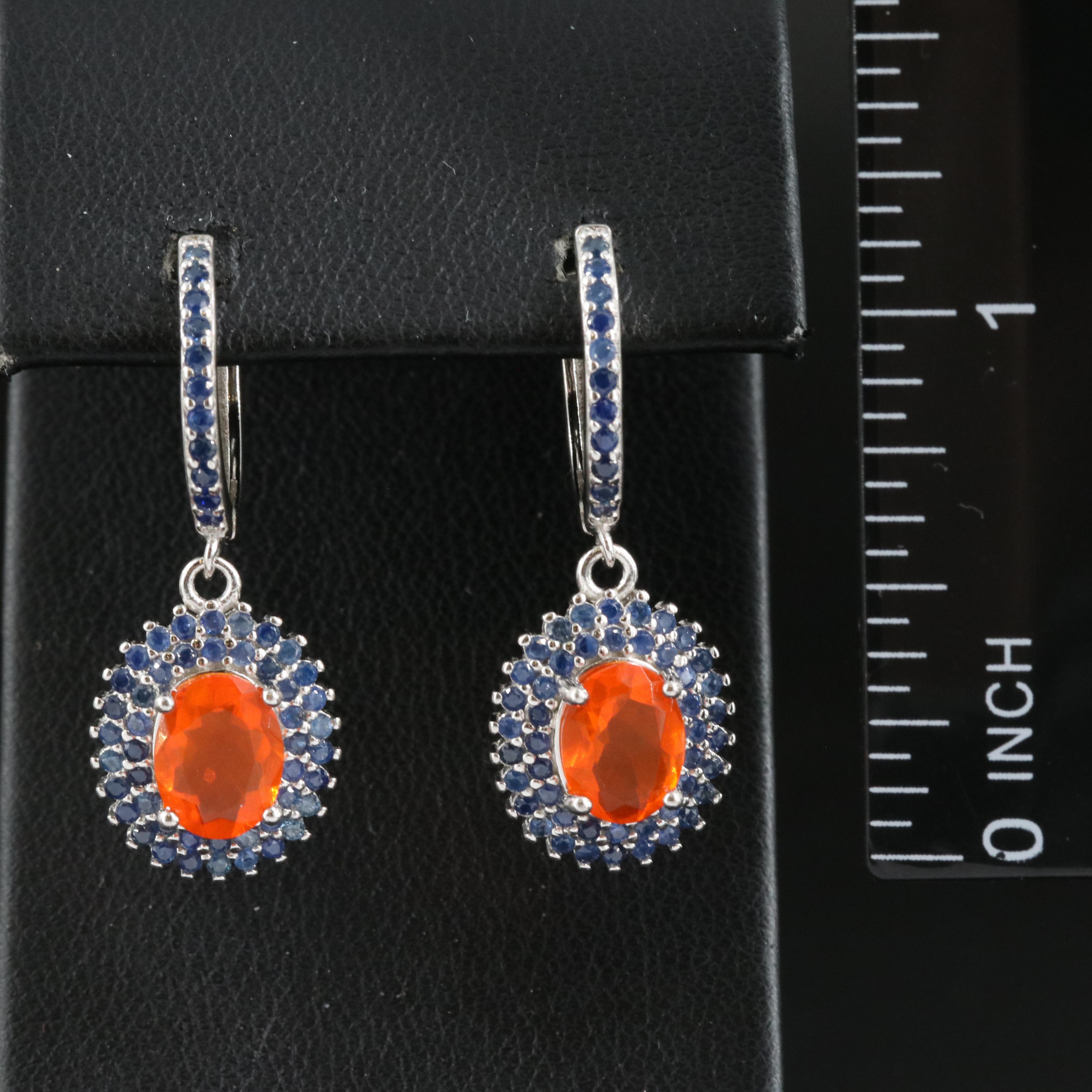 Sterling Fire Opal and Sapphire Earrings