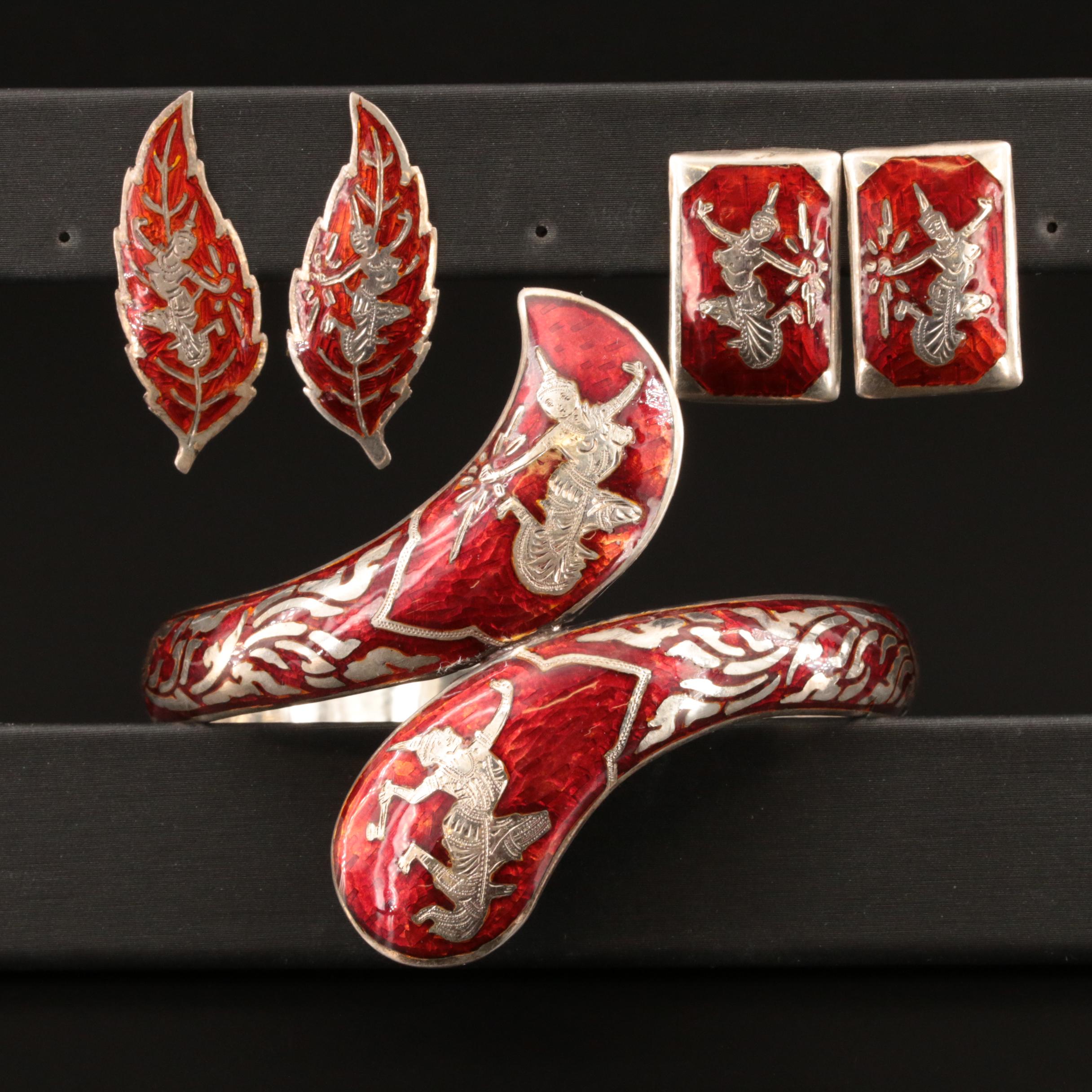 Vintage Sterling Thai Dancer Bypass Hinged Bracelet and Earrings