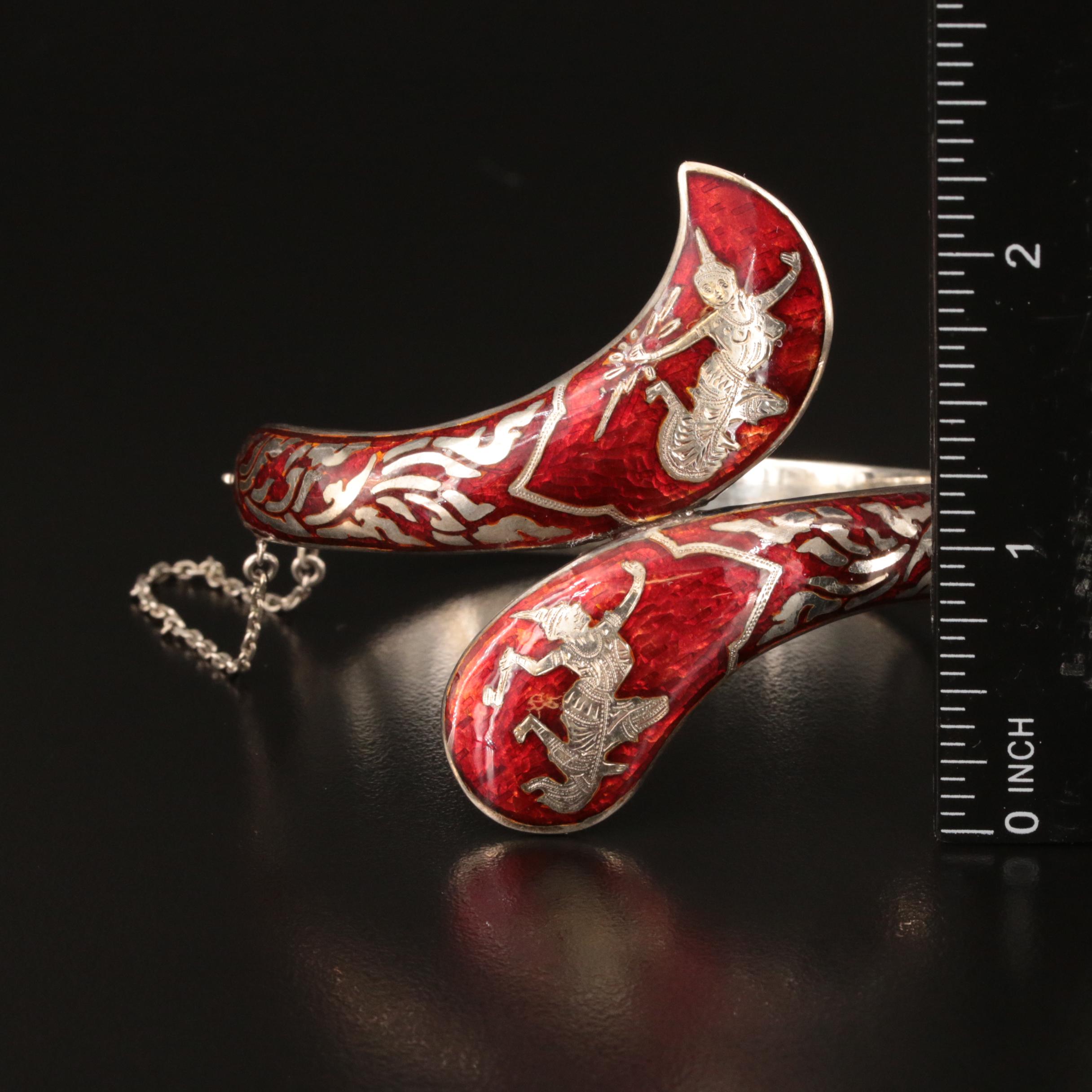 Vintage Sterling Thai Dancer Bypass Hinged Bracelet and Earrings