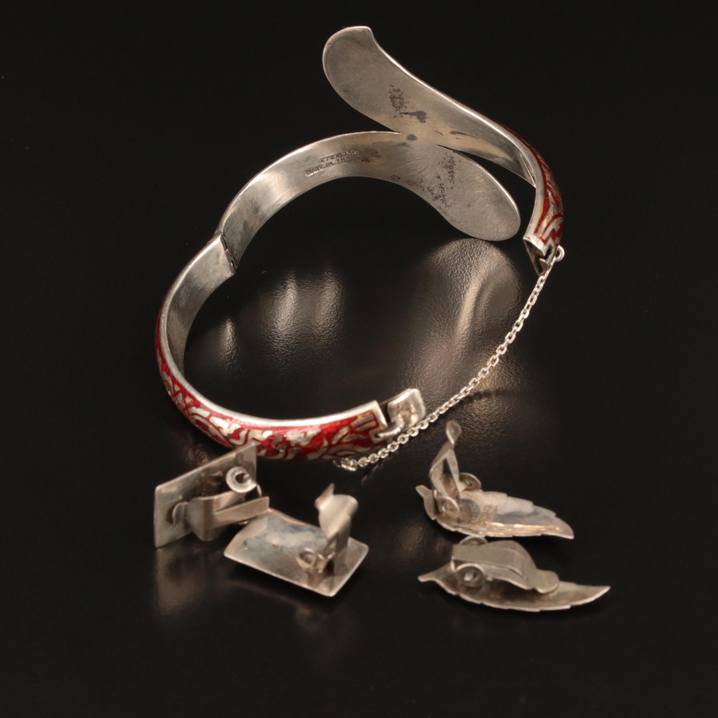 Vintage Sterling Thai Dancer Bypass Hinged Bracelet and Earrings