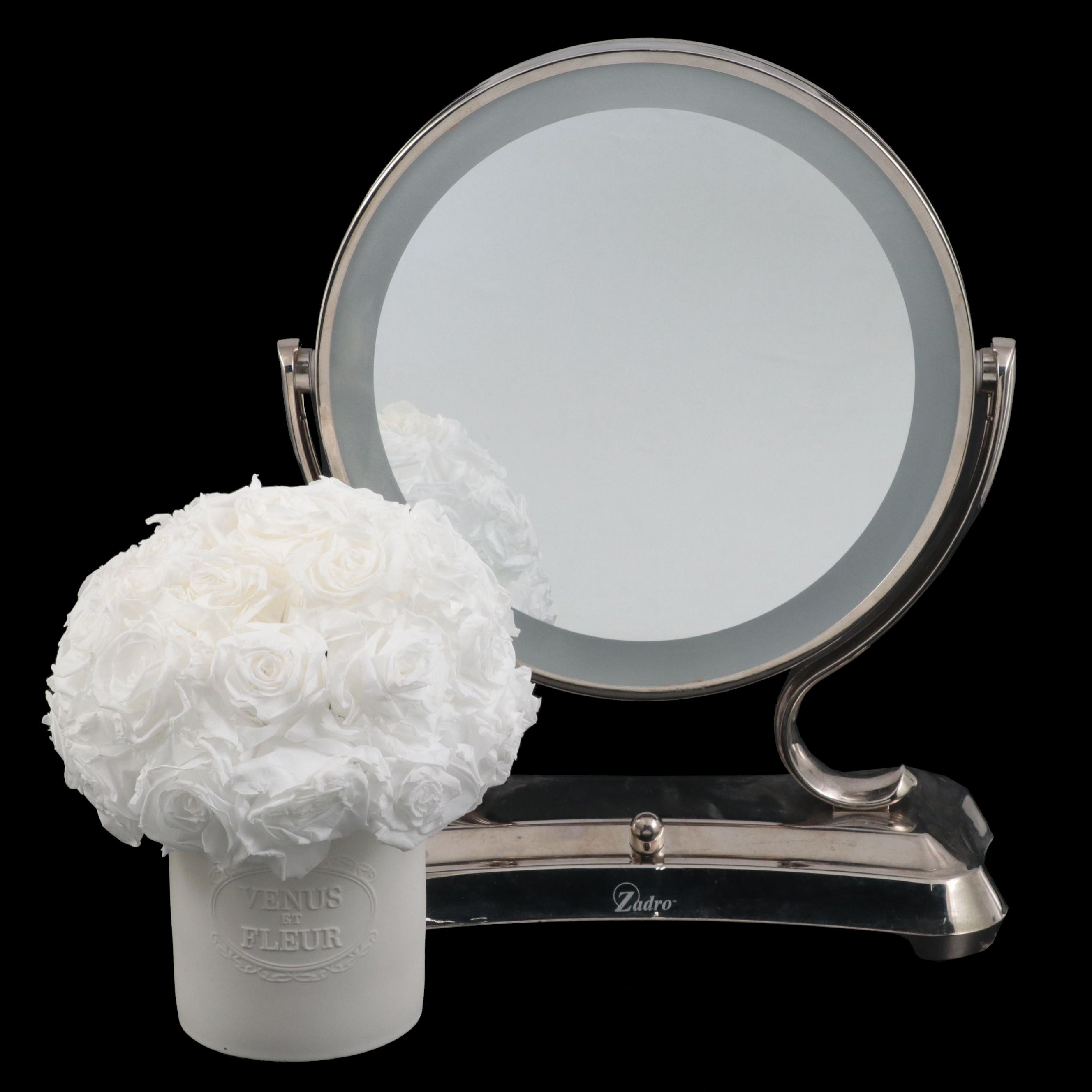 Zadro Dimmable Make Up Mirror and Magnifier with Faux Roses in Vase