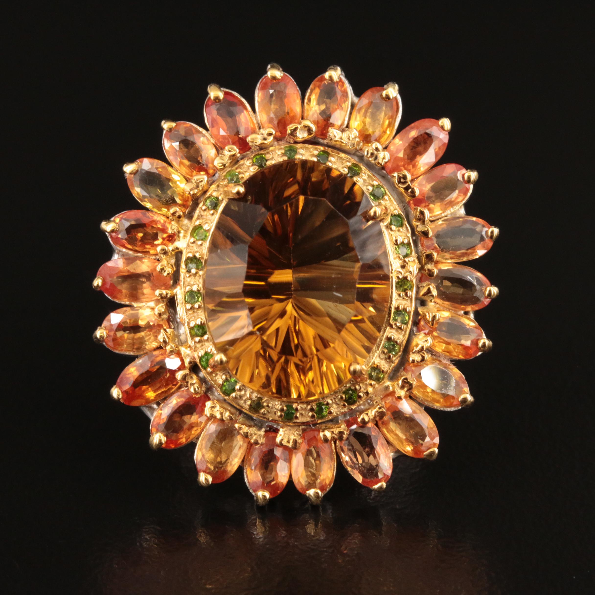 Sterling Citrine, Diopside and Sapphire Flower Ring