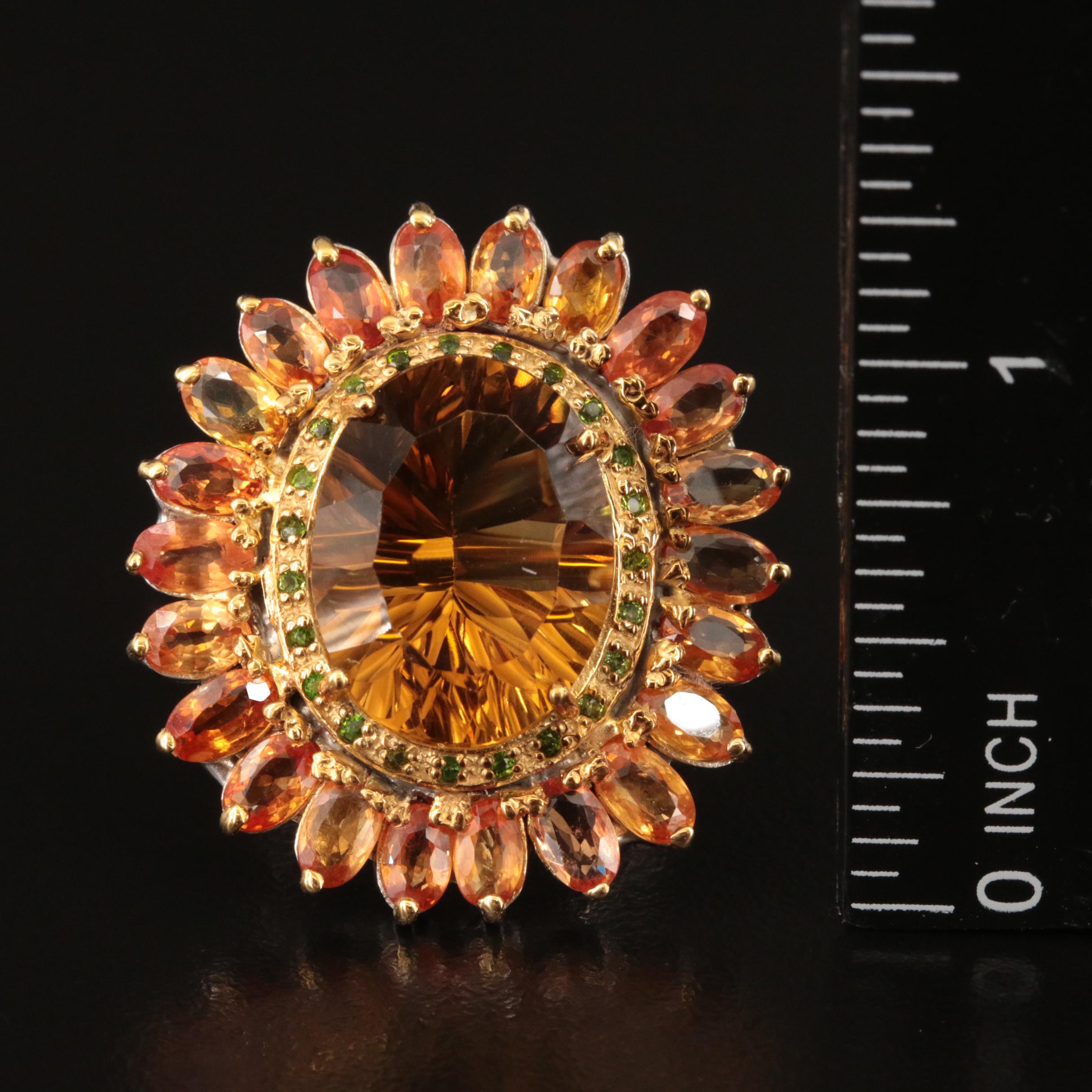 Sterling Citrine, Diopside and Sapphire Flower Ring