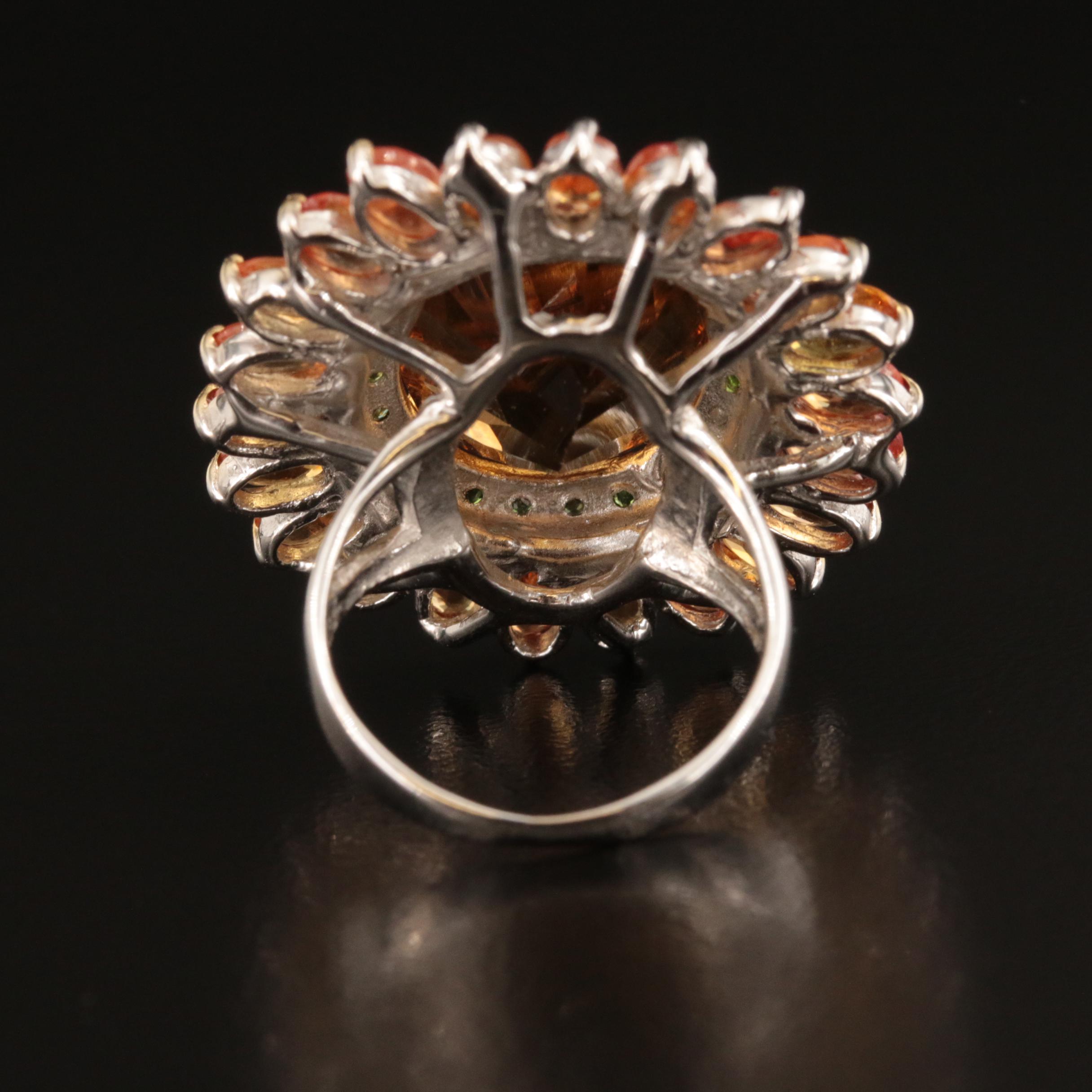 Sterling Citrine, Diopside and Sapphire Flower Ring