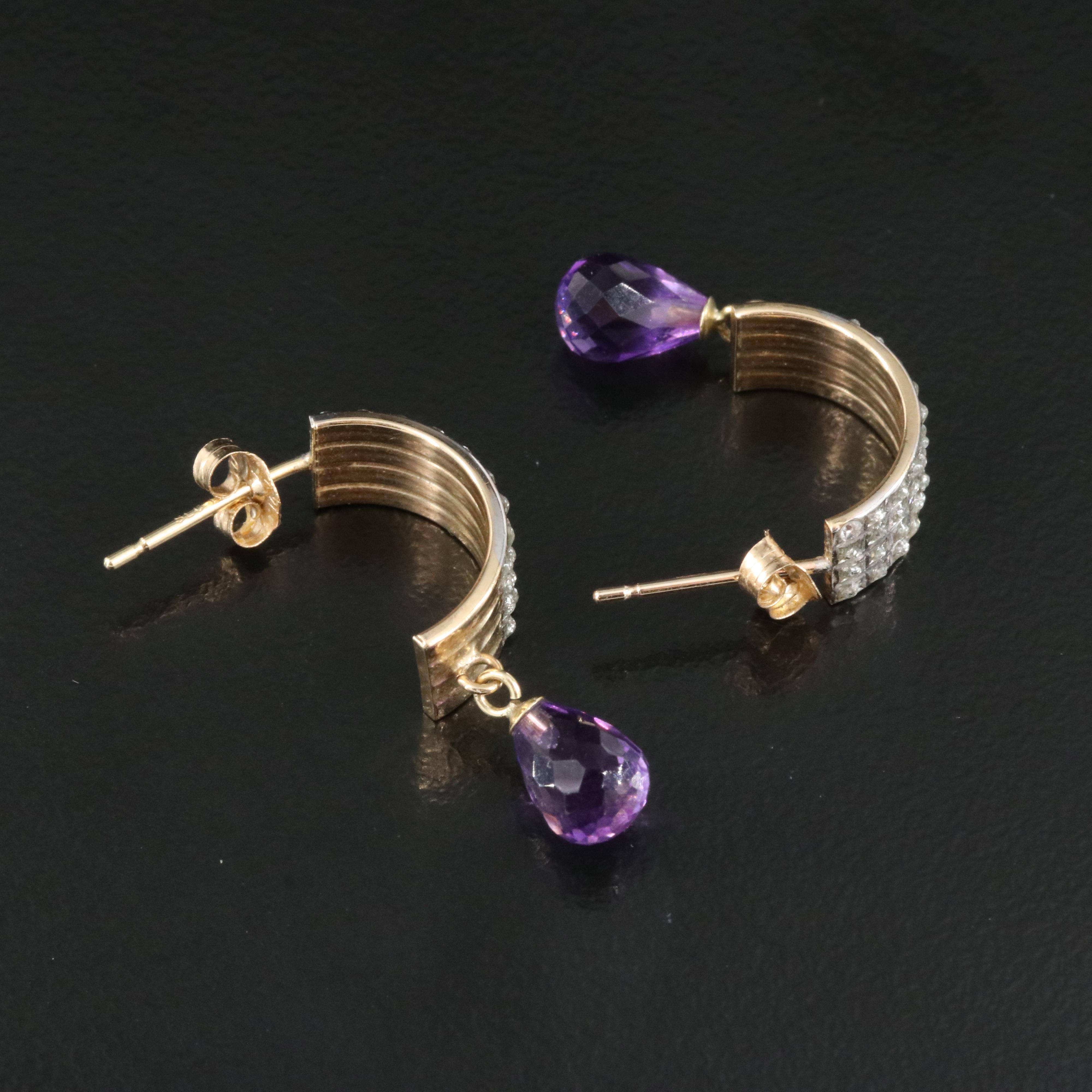 14K Amethyst and Diamond Half Hoop Earrings