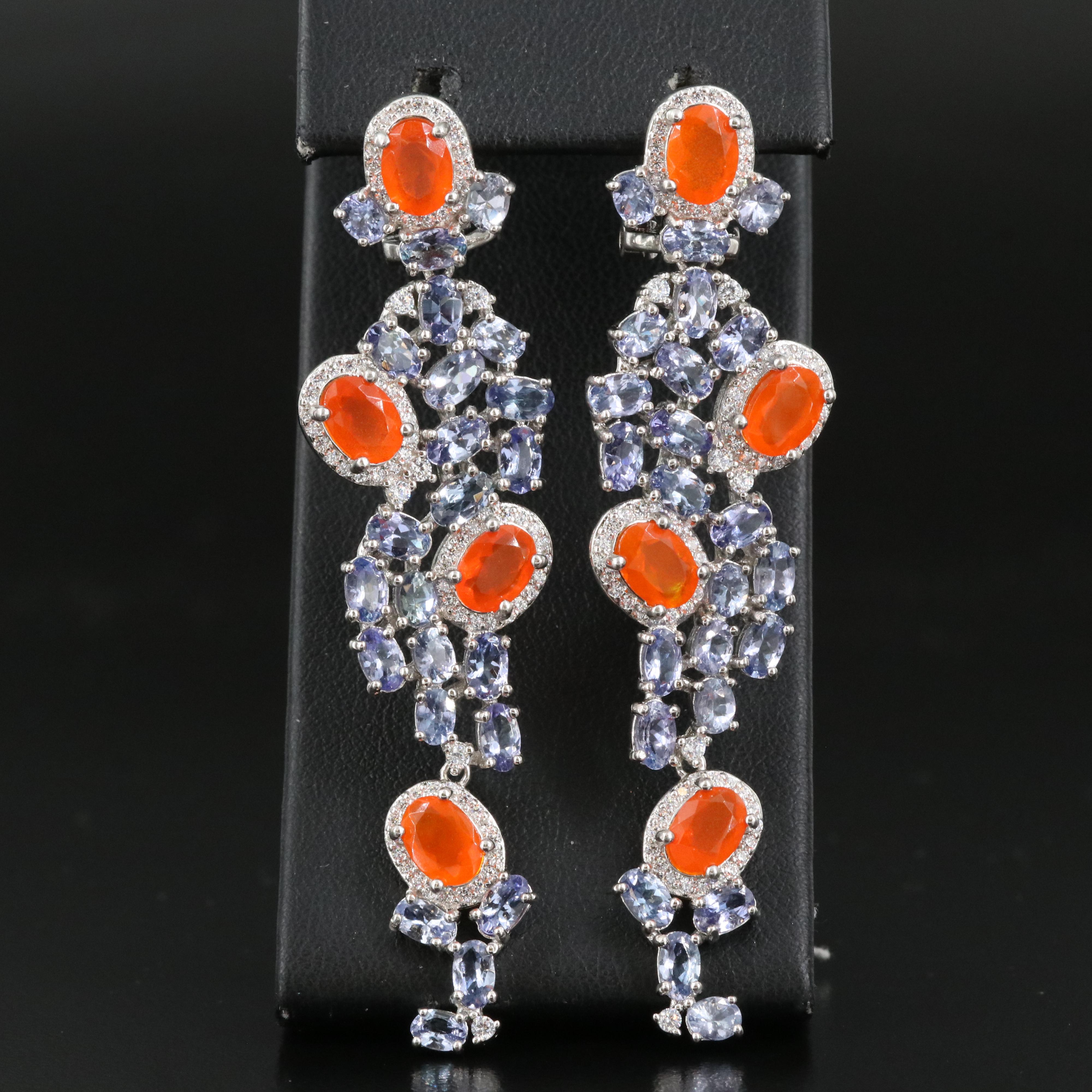 Sterling Fire Opal, Tanzanite and Cubic Zirconia Earrings
