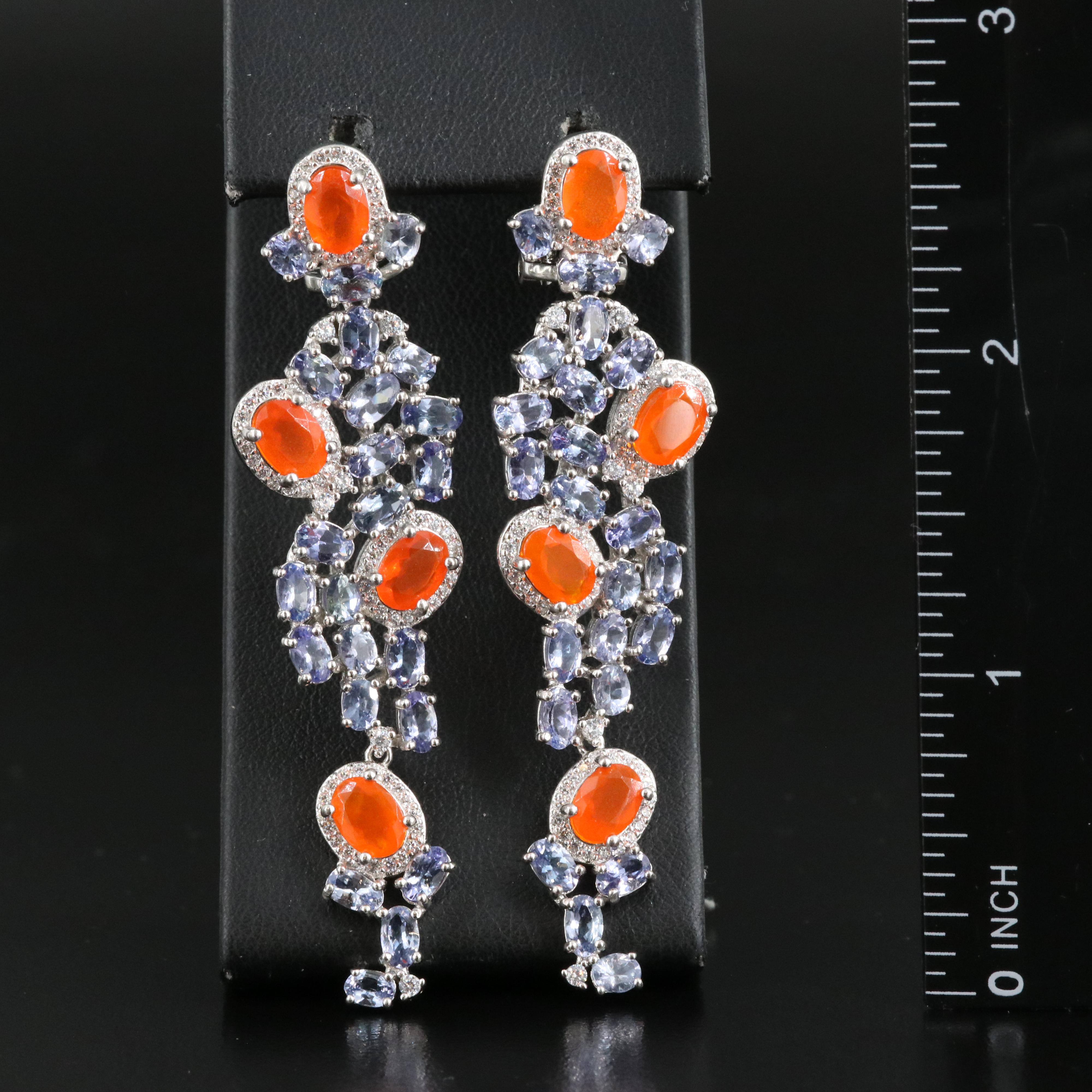 Sterling Fire Opal, Tanzanite and Cubic Zirconia Earrings