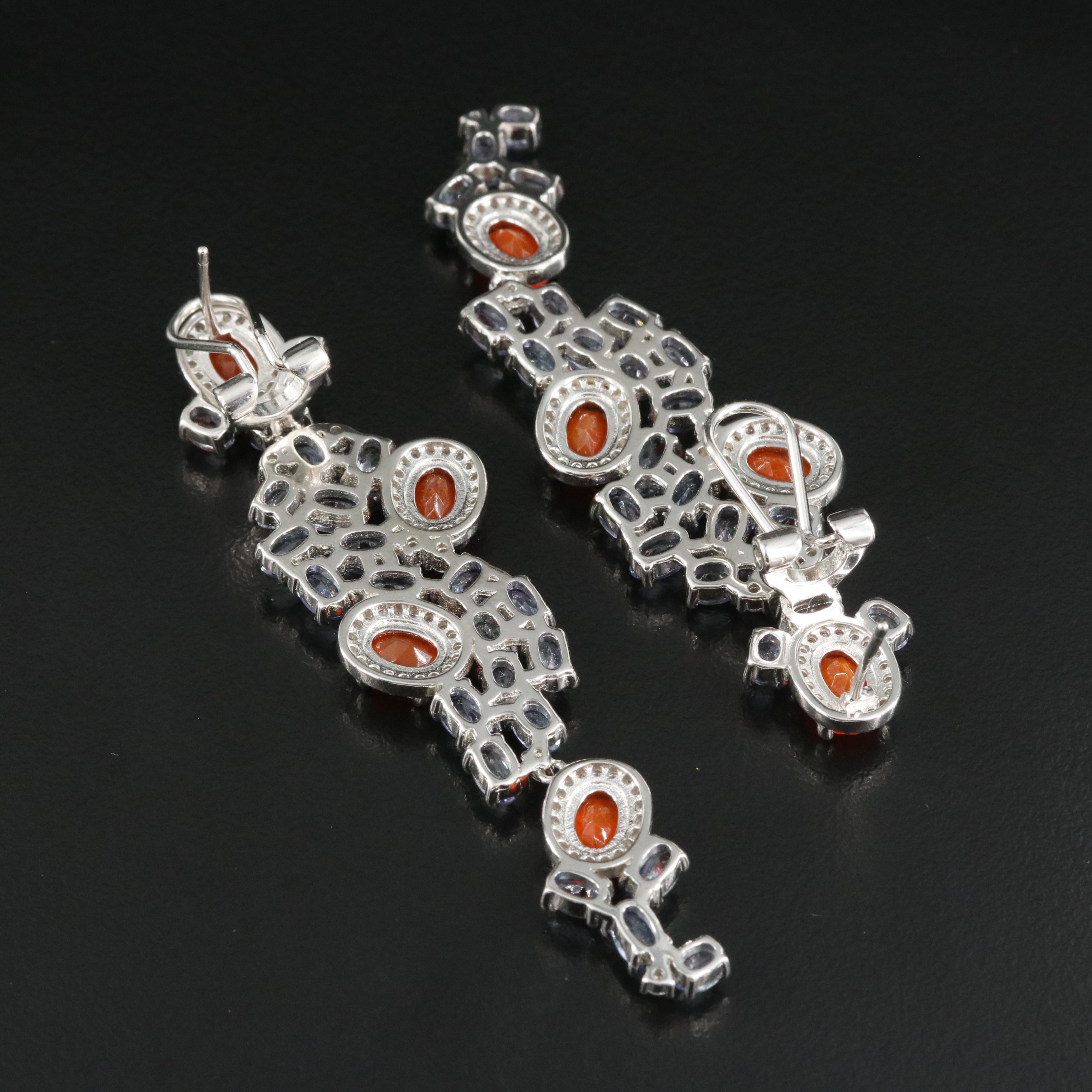 Sterling Fire Opal, Tanzanite and Cubic Zirconia Earrings