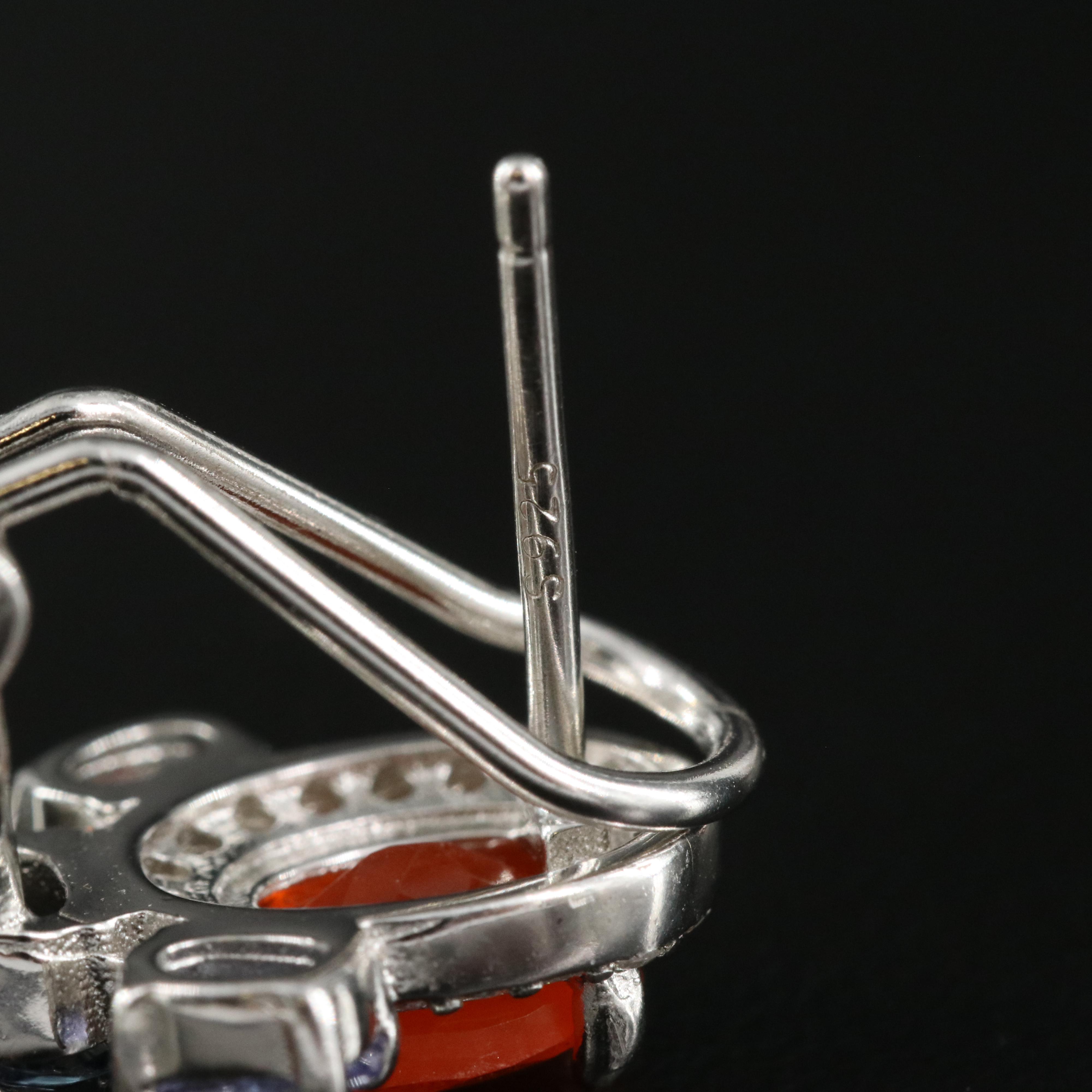 Sterling Fire Opal, Tanzanite and Cubic Zirconia Earrings