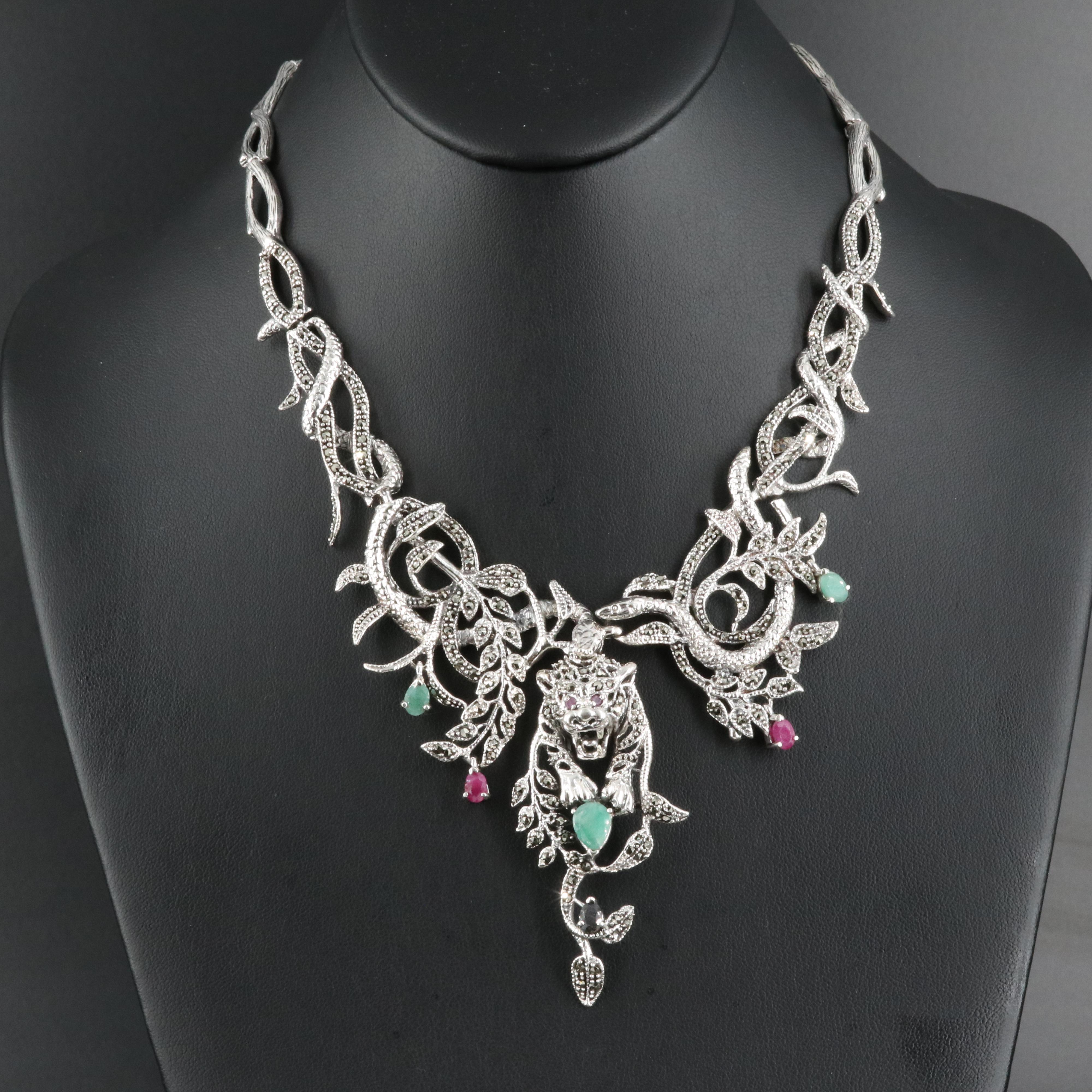 Sterling Leopard Necklace Including Ruby, Sapphire and Emerald