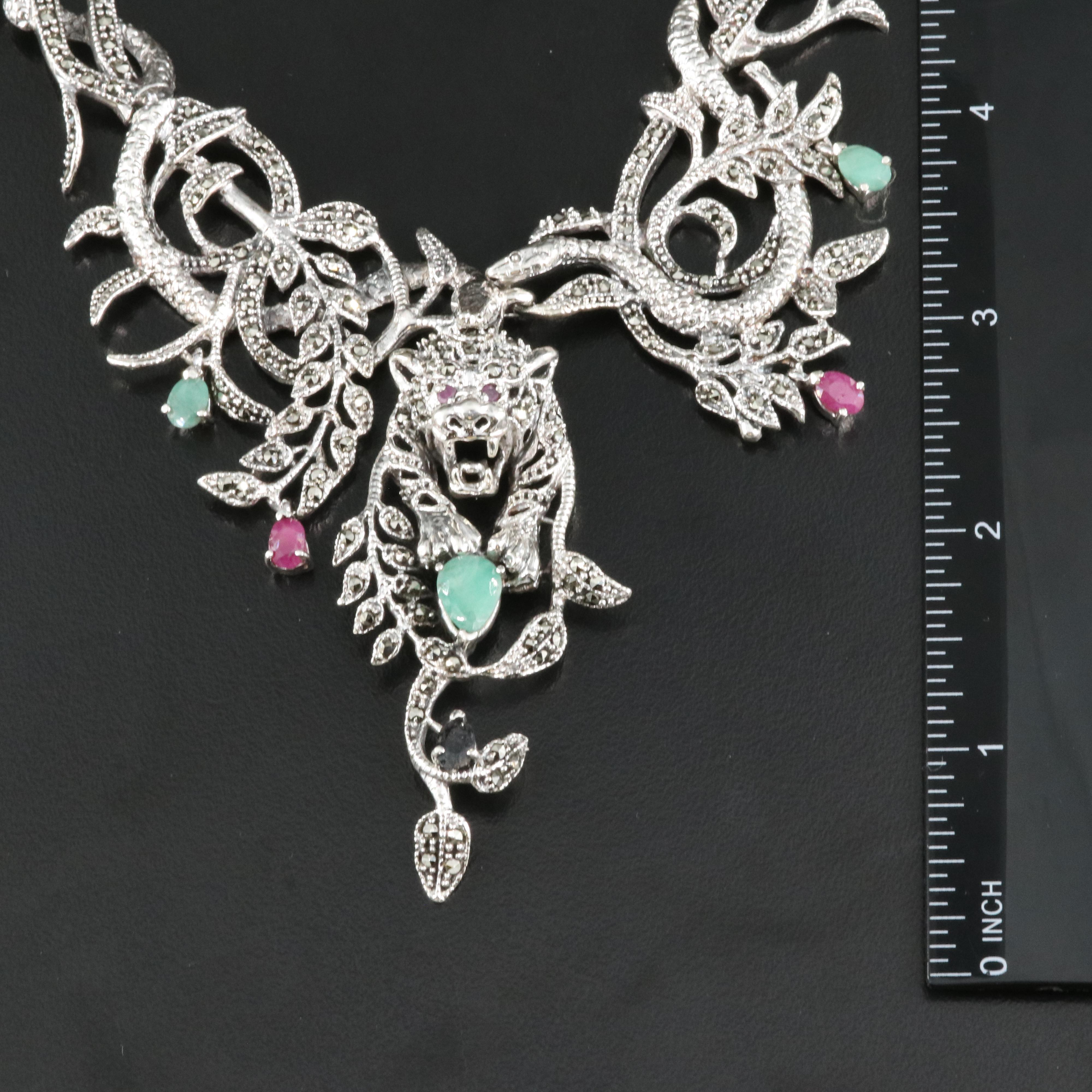 Sterling Leopard Necklace Including Ruby, Sapphire and Emerald