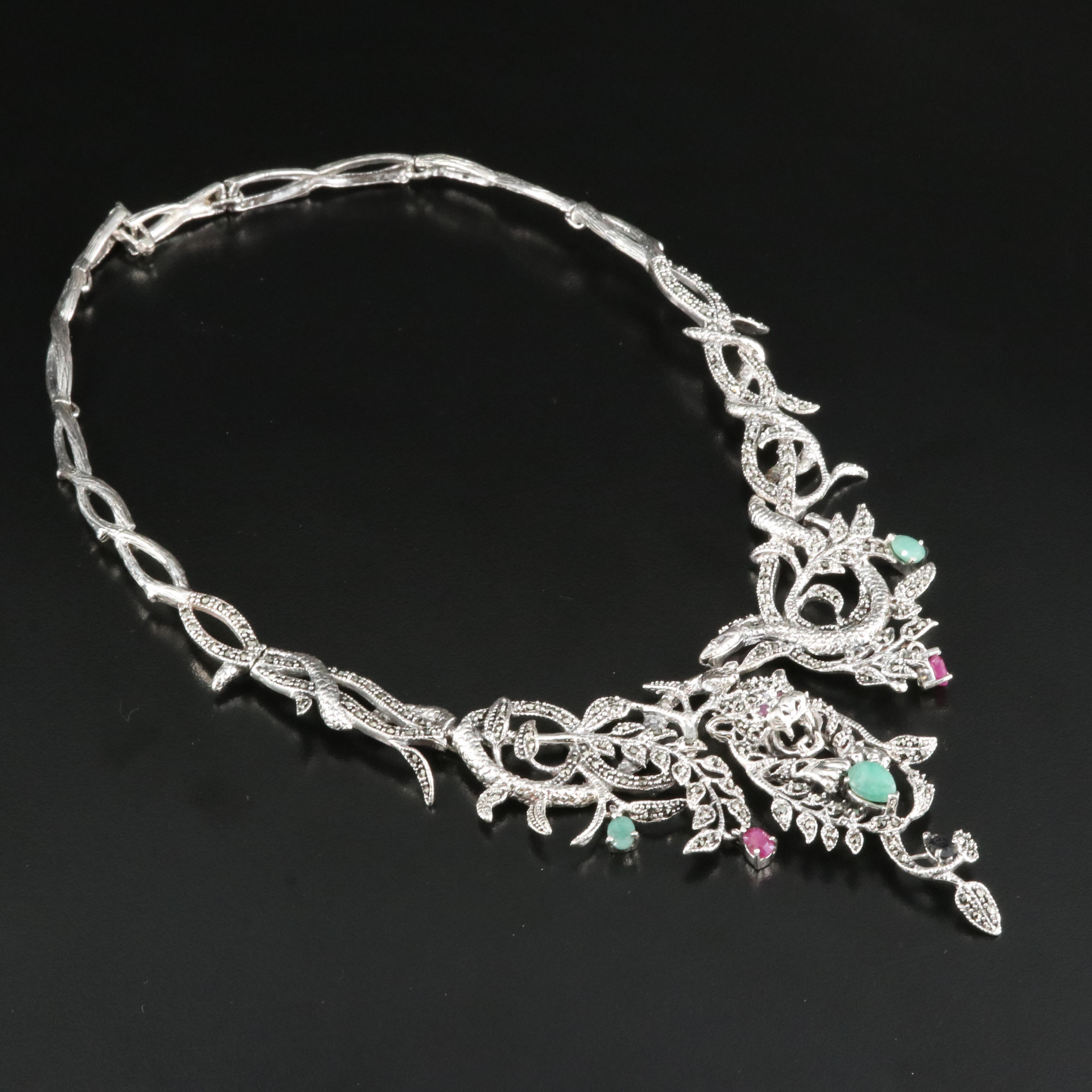 Sterling Leopard Necklace Including Ruby, Sapphire and Emerald