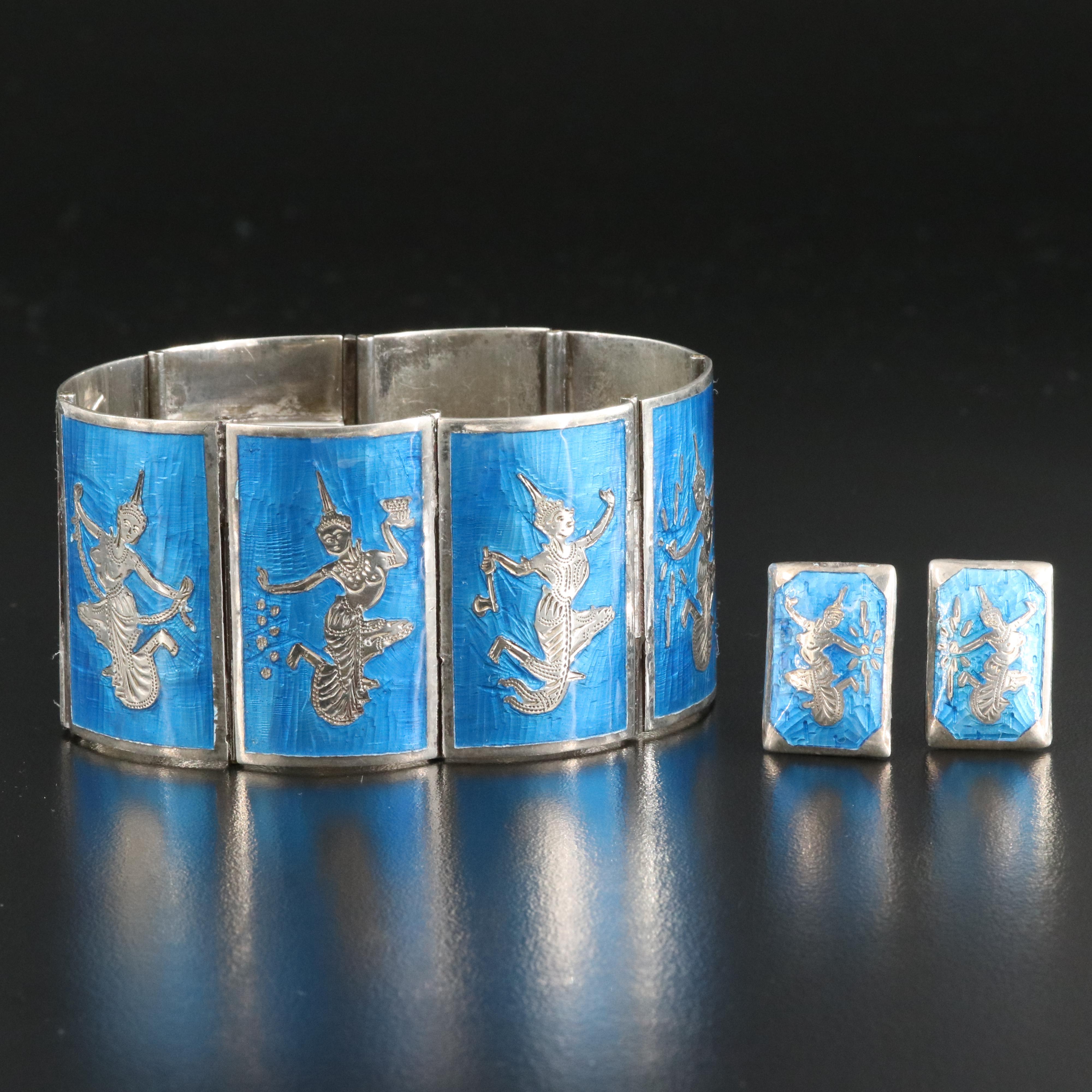 Sterling Enamel Thai Panel Bracelet and Earring Set