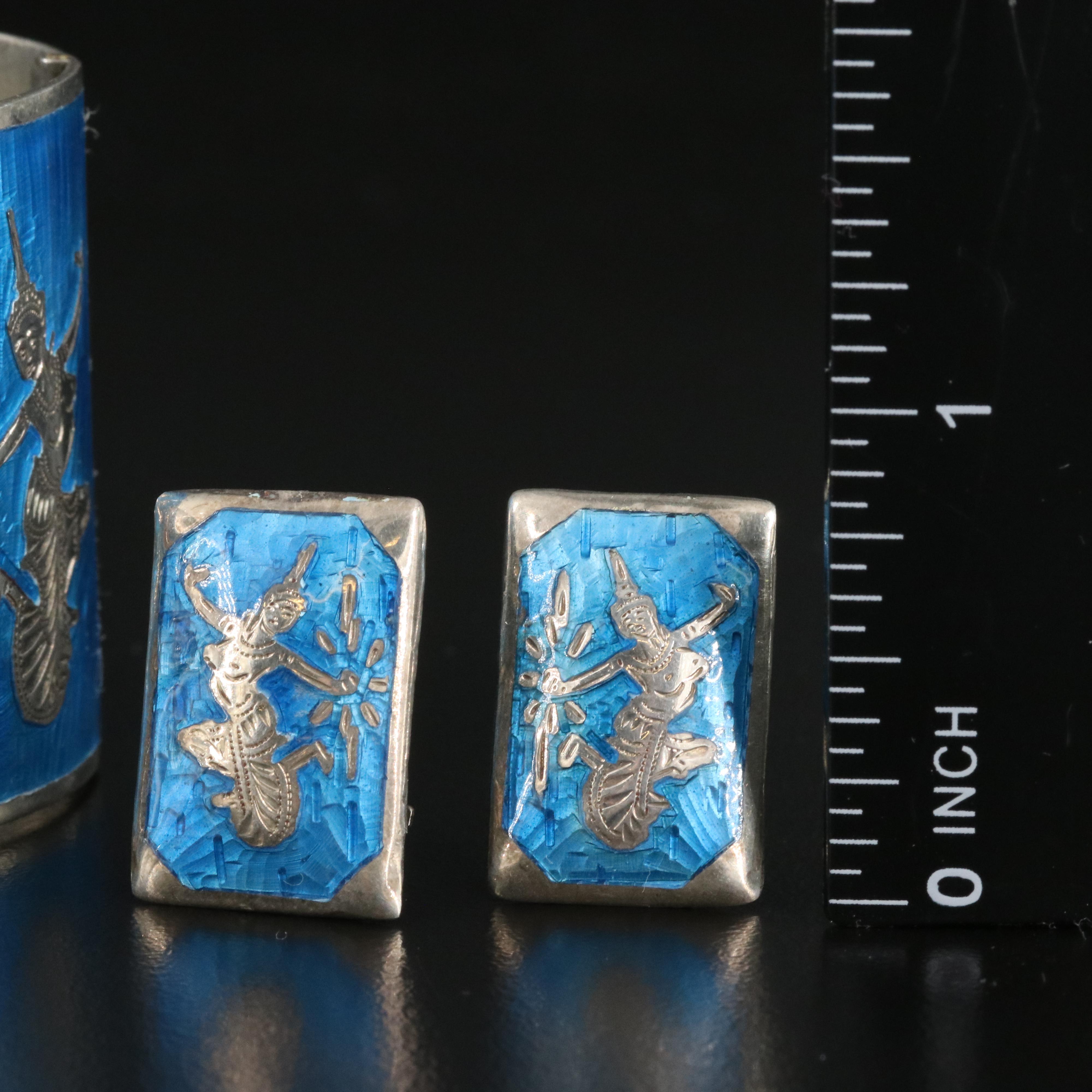 Sterling Enamel Thai Panel Bracelet and Earring Set