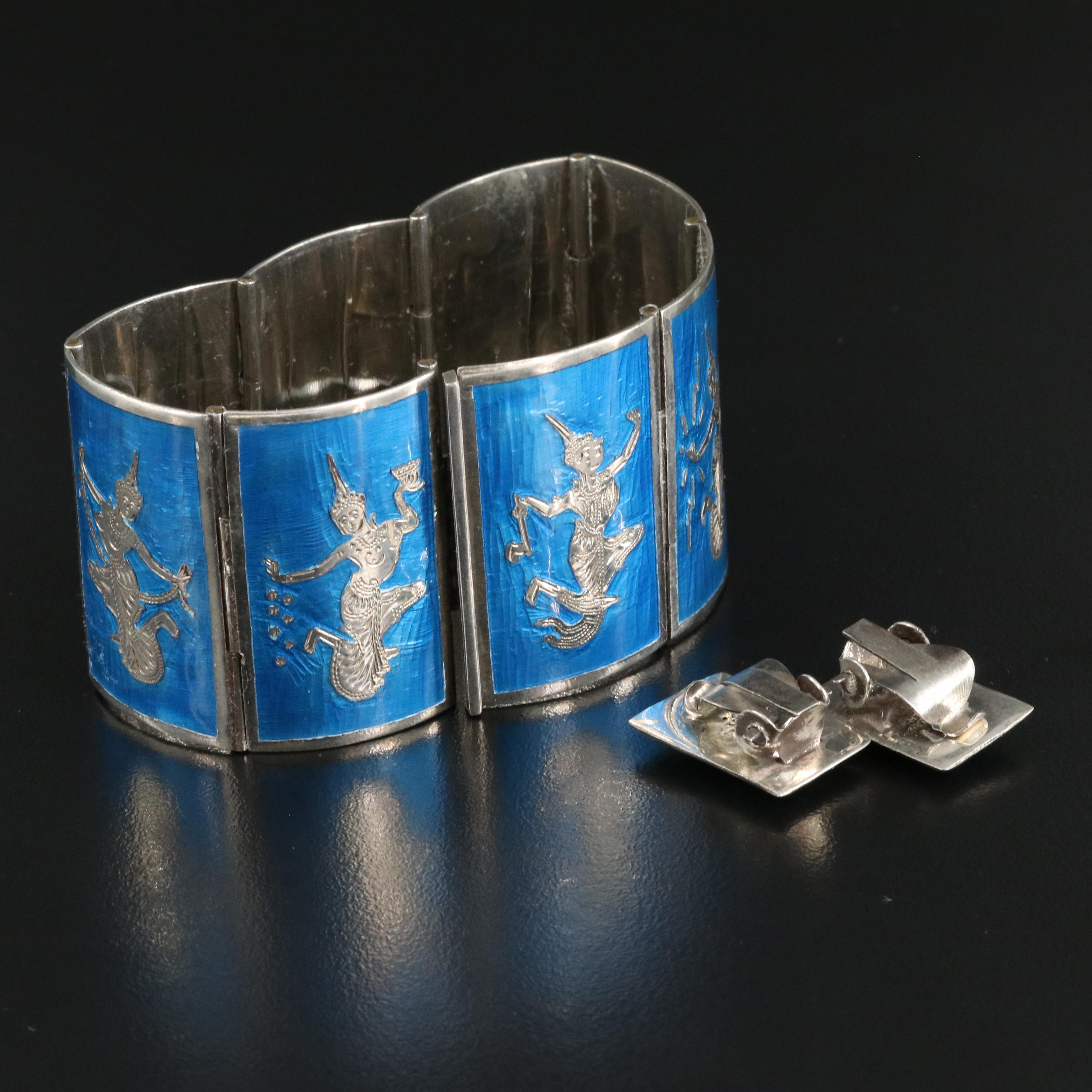 Sterling Enamel Thai Panel Bracelet and Earring Set