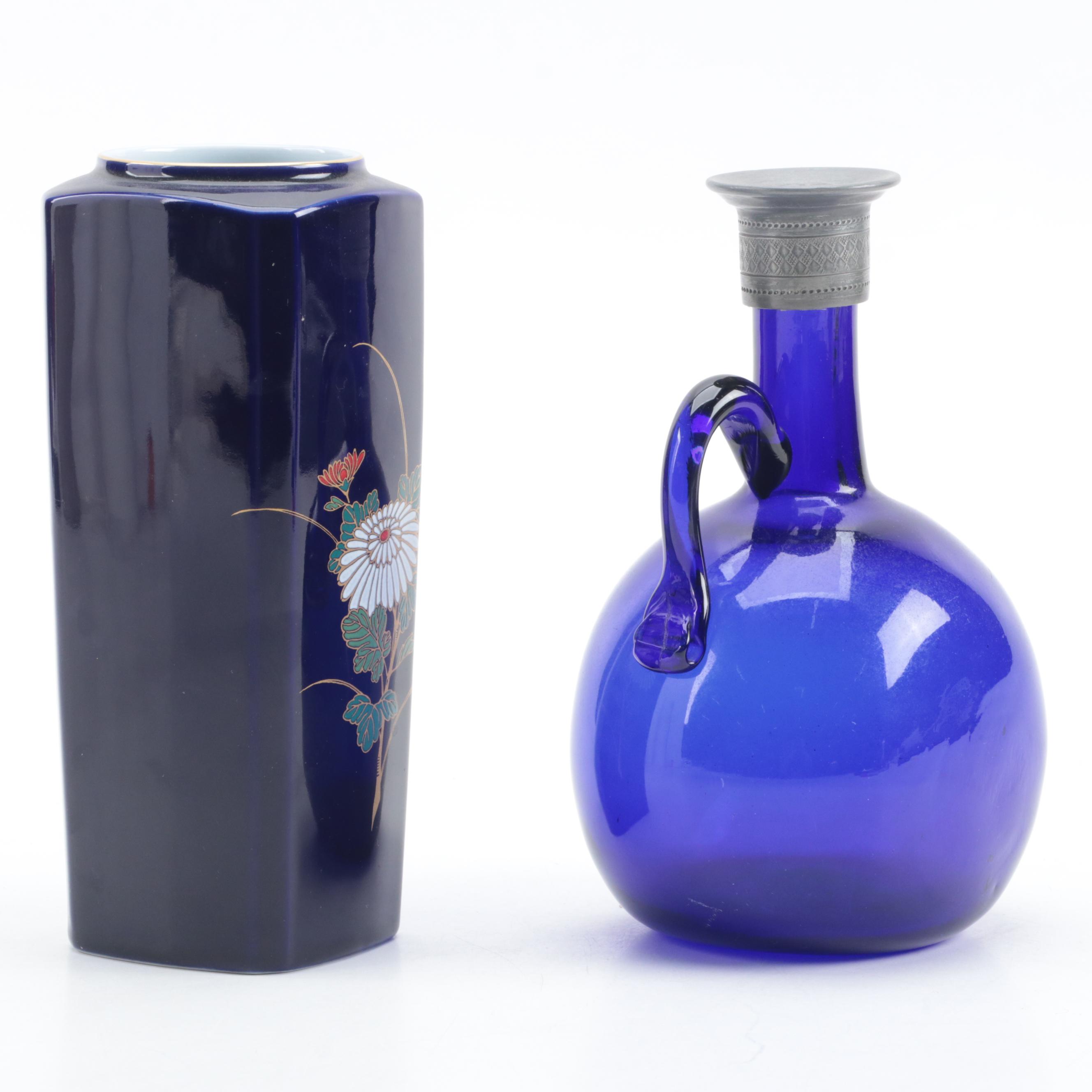 Antique English Cobalt Glass Flagon Jug with Fukagawa Porcelain Vase