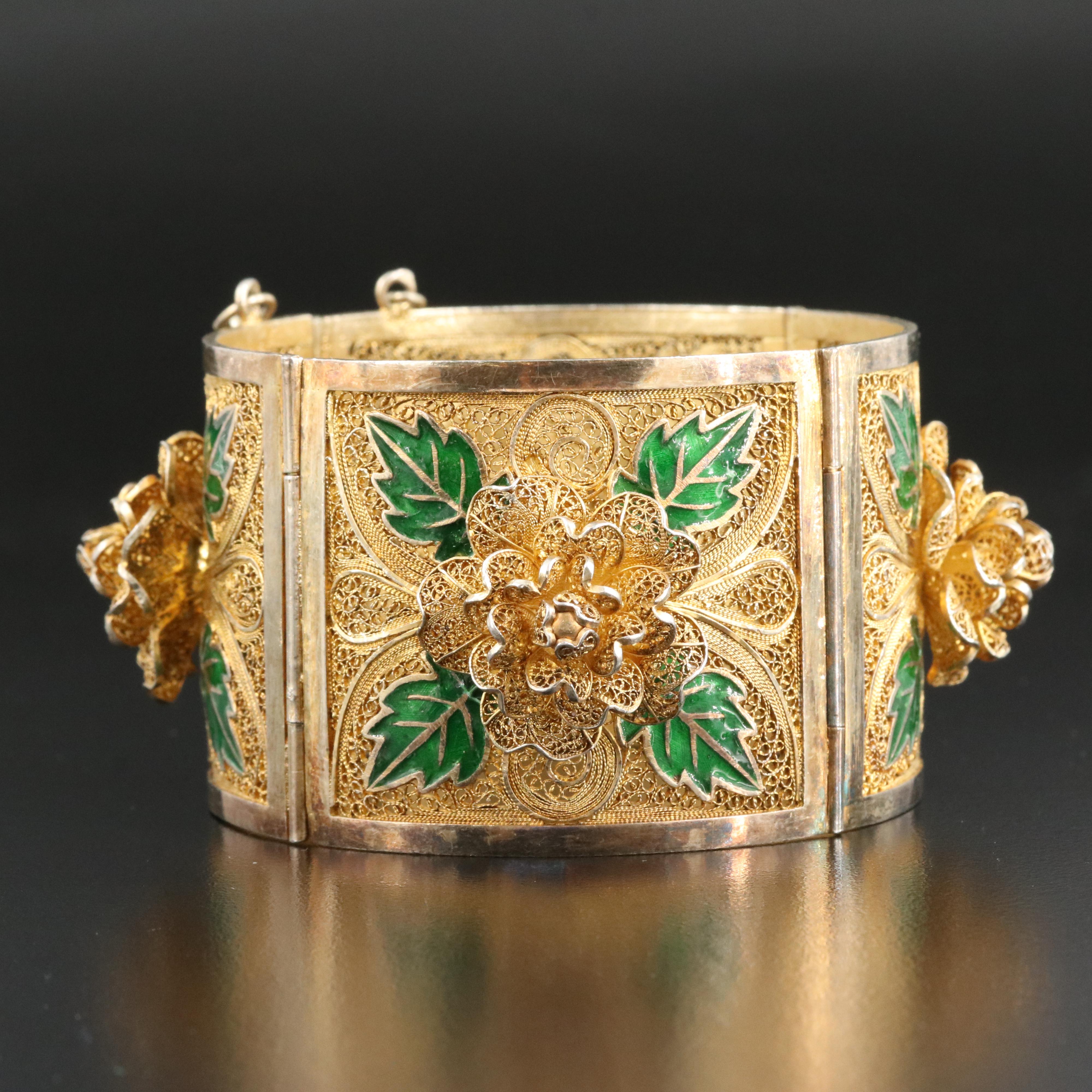 Sterling Enamel Filigree Floral Panel Bracelet