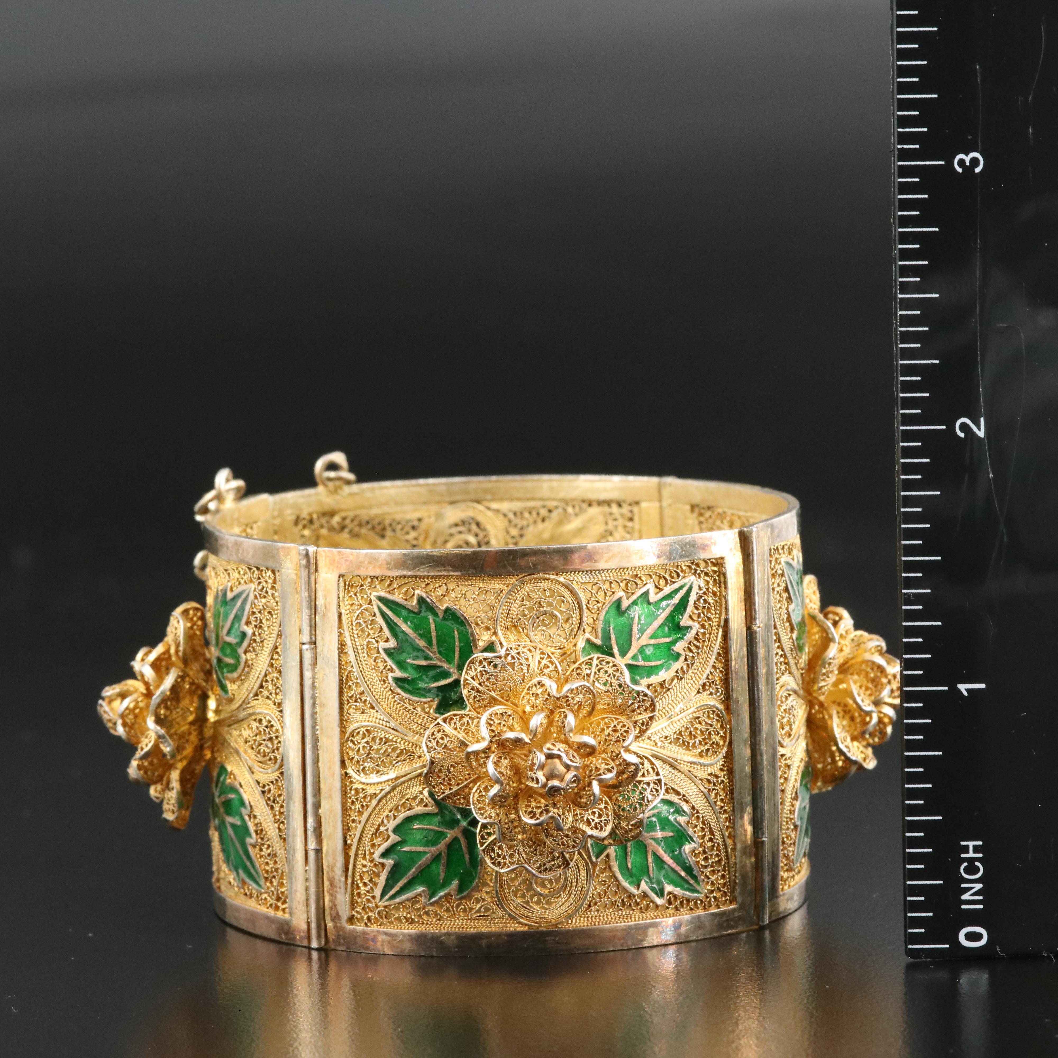 Sterling Enamel Filigree Floral Panel Bracelet