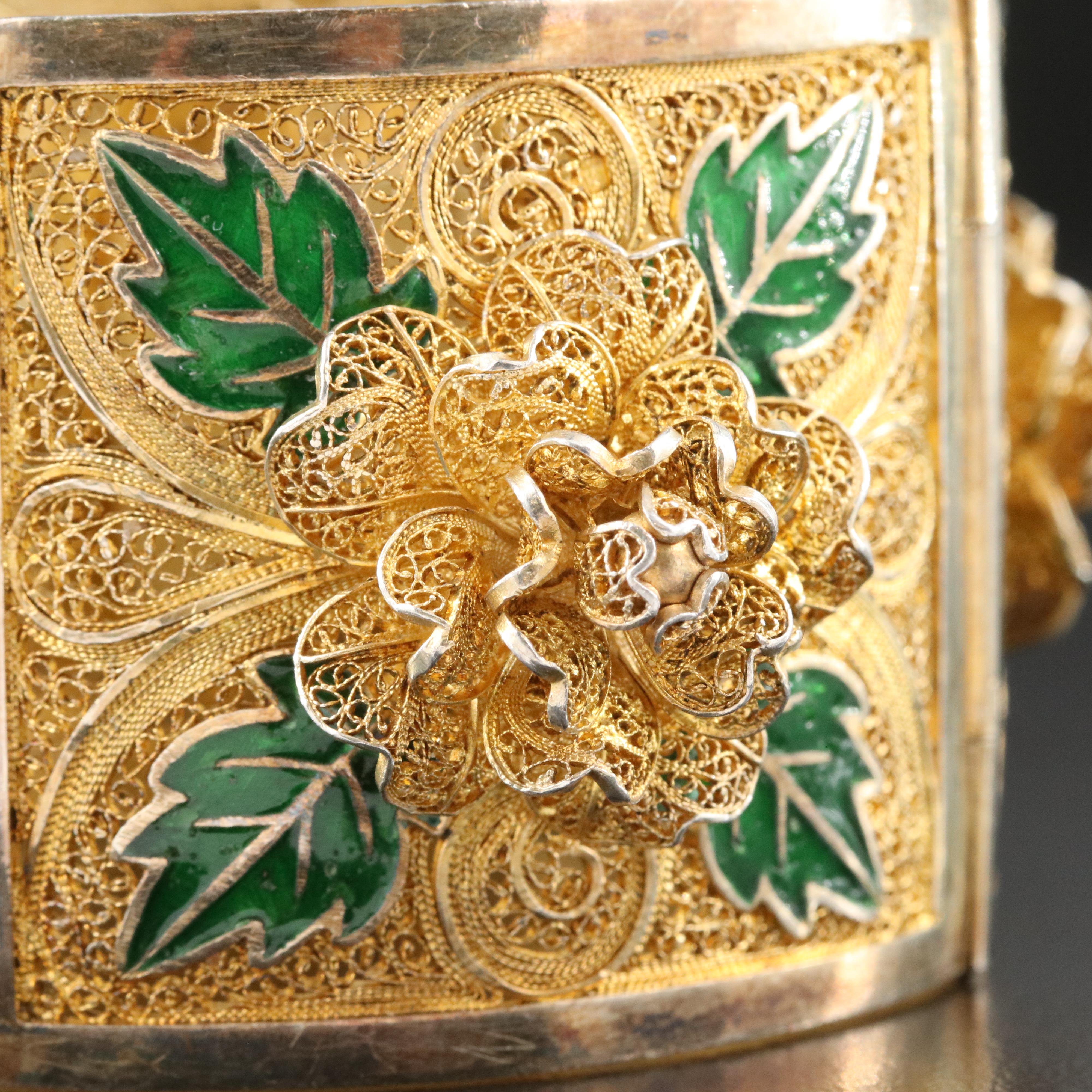 Sterling Enamel Filigree Floral Panel Bracelet