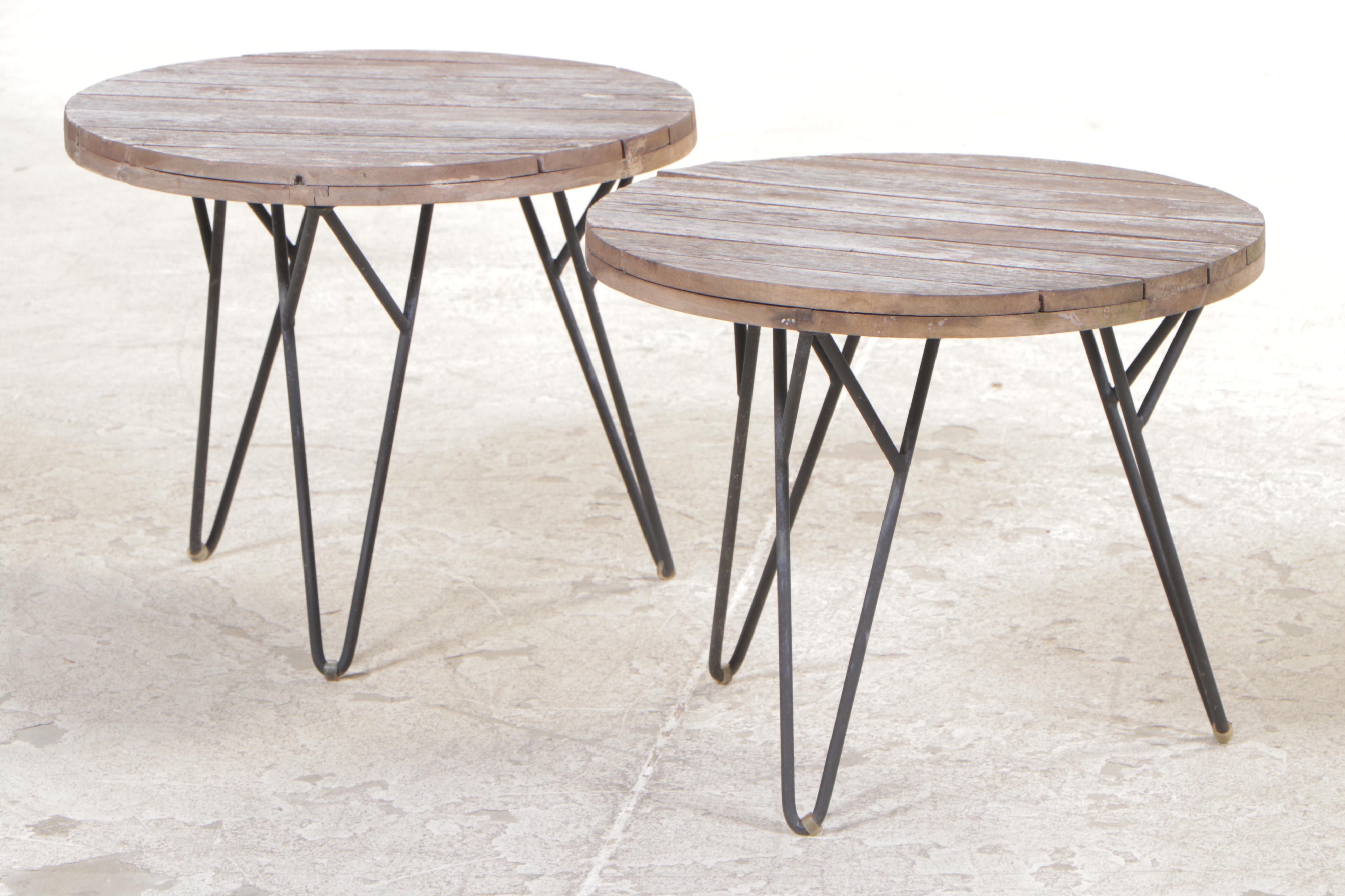 Resin Wicker Patio Settee Plus Two Slatted Hardwood and Metal Side Tables