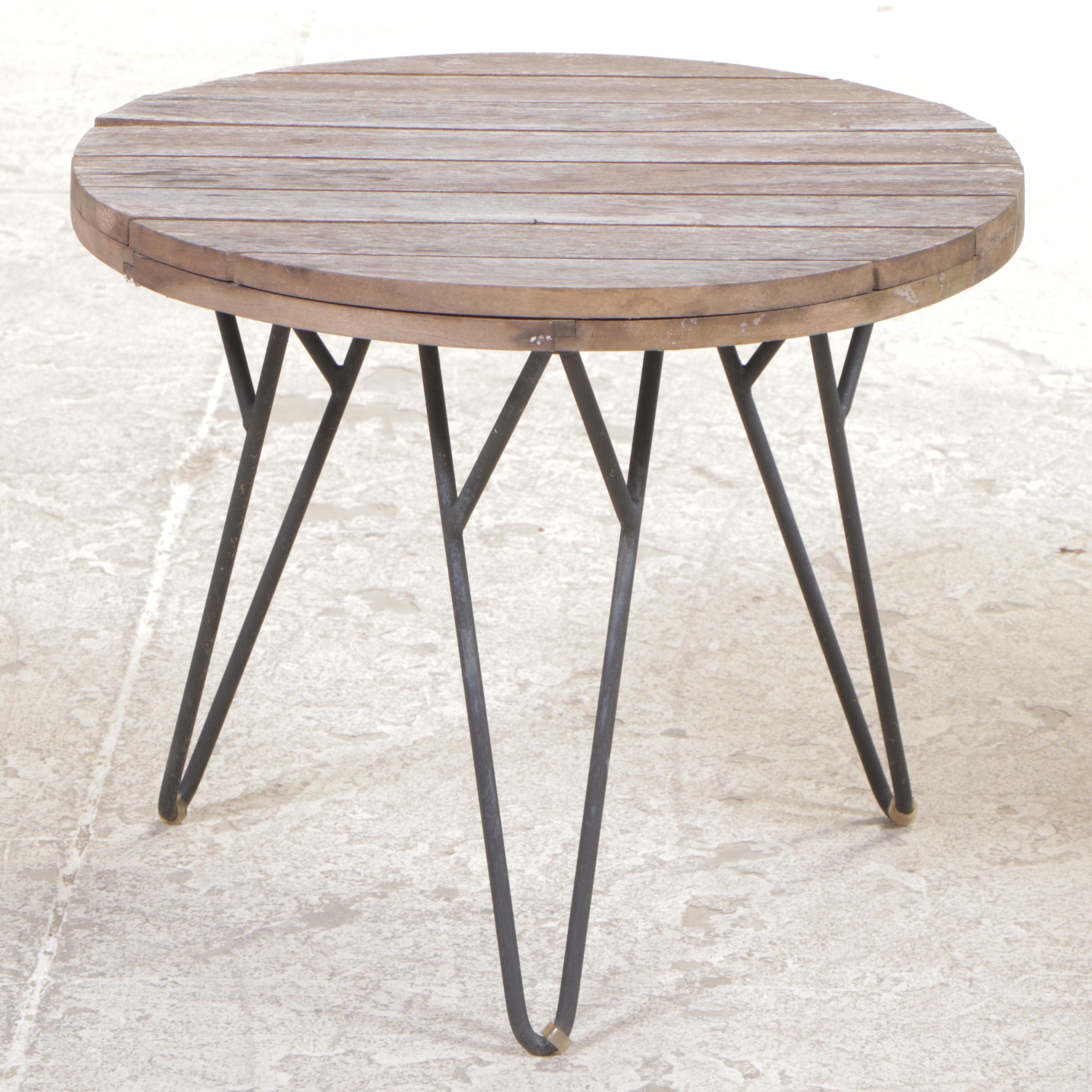 Resin Wicker Patio Settee Plus Two Slatted Hardwood and Metal Side Tables