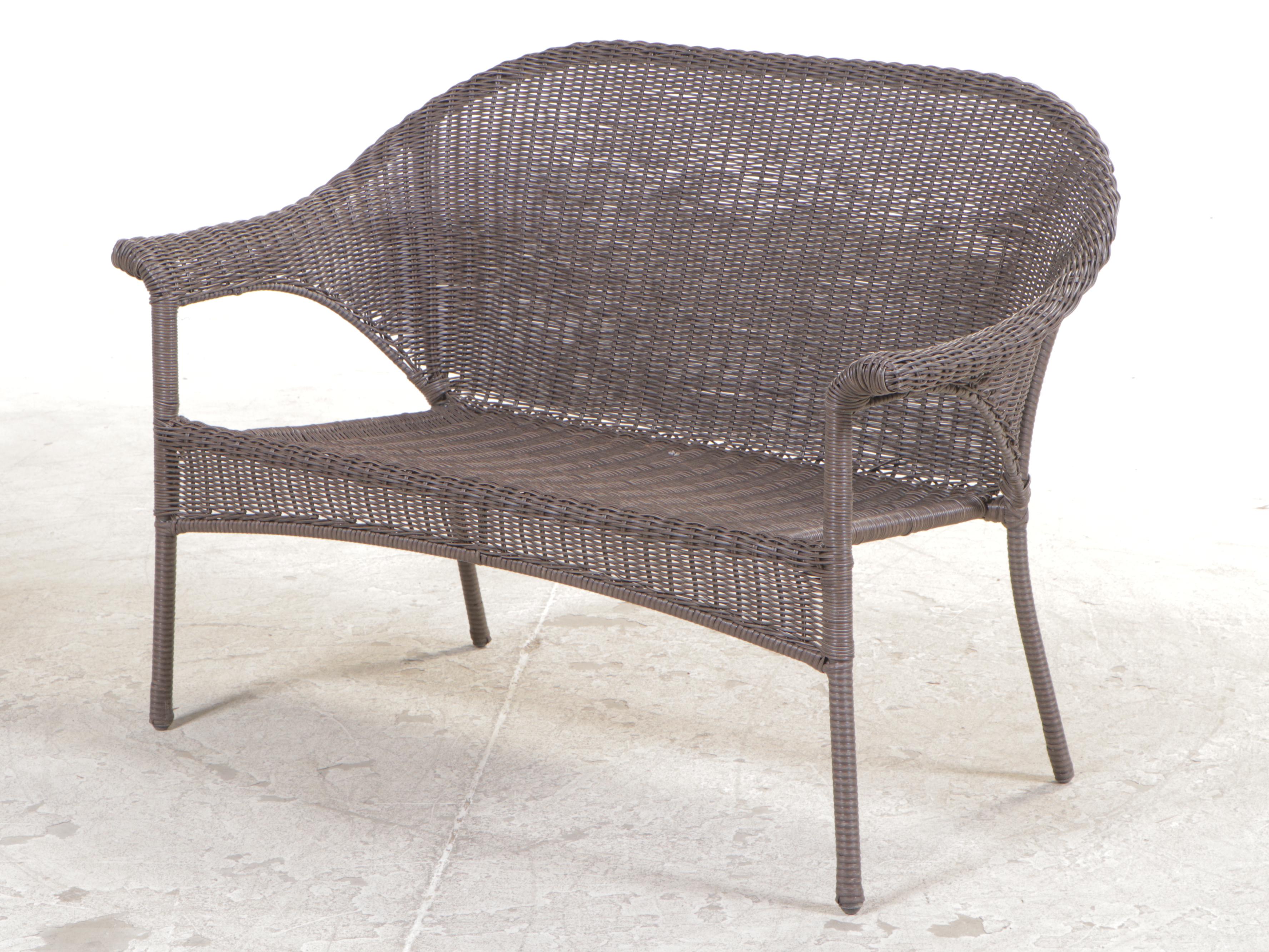 Resin Wicker Patio Settee Plus Two Slatted Hardwood and Metal Side Tables
