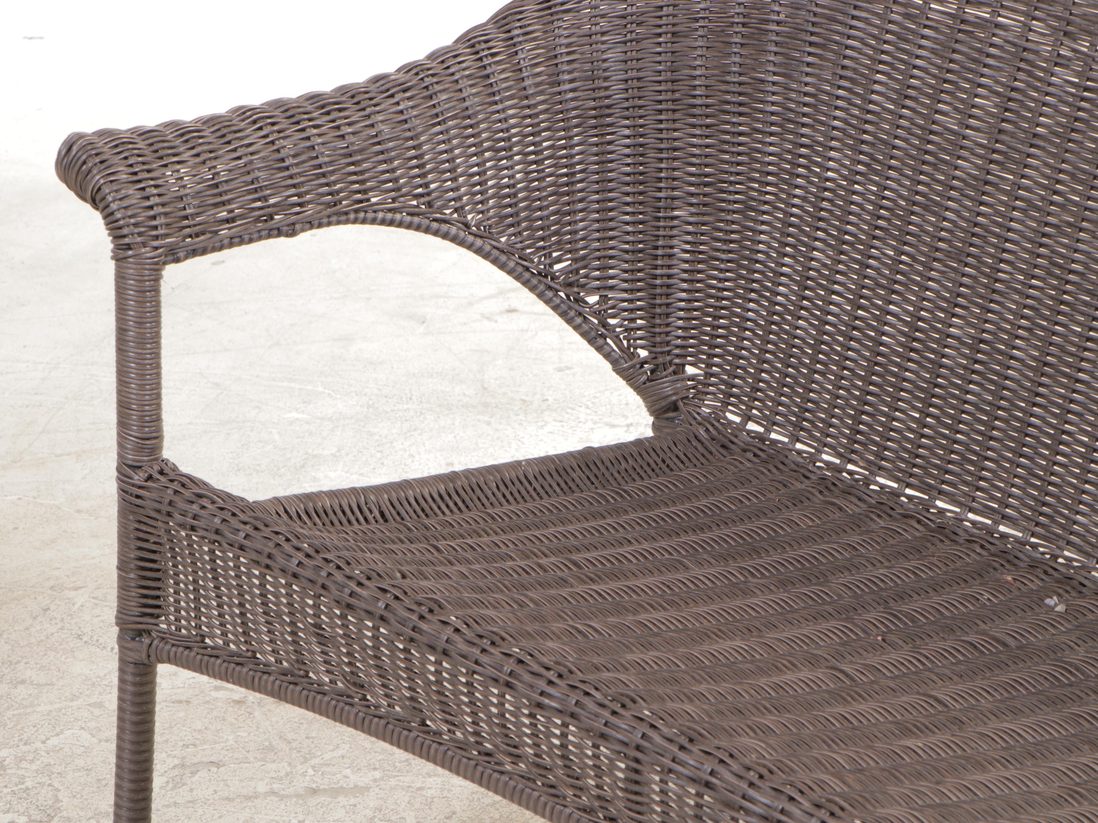Resin Wicker Patio Settee Plus Two Slatted Hardwood and Metal Side Tables