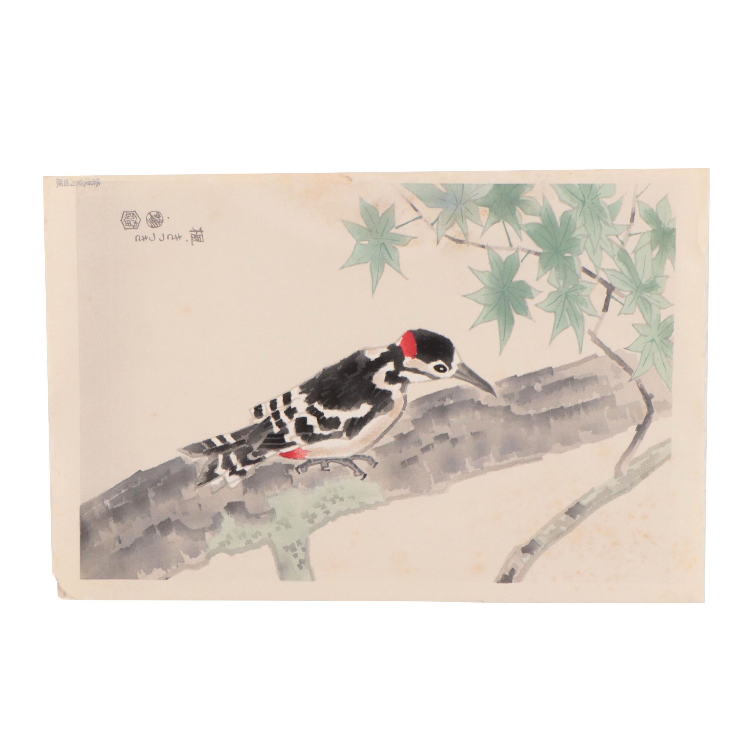 Eiichi Kotozuka Woodblock "Maple Tree and Woodpecker," Circa 1960